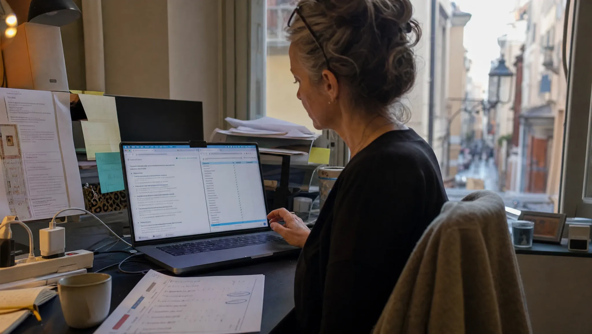 A hotel manager with reading glasses in her hair compares an AI assistant's list of recommended hotels with a crawler report, an old town street outside