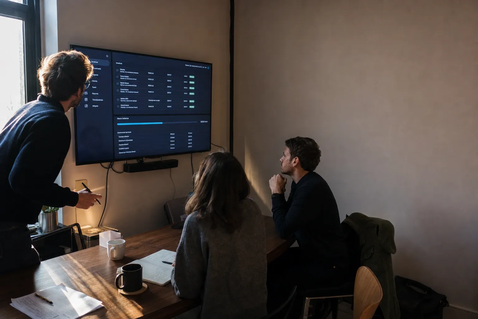 A man points a pen at a wall screen showing an invoice list and an hours balance, while a woman and a man seated at a wooden table watch in low afternoon sun