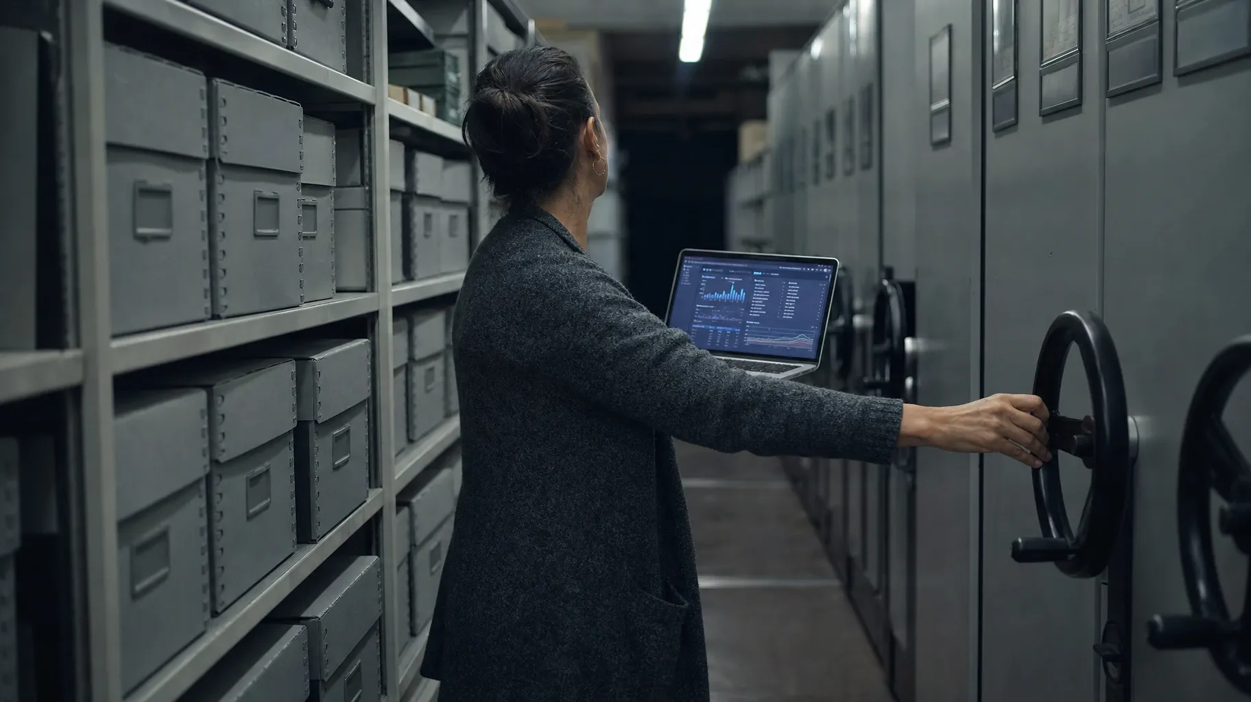 In an archive aisle lined with grey boxes, an archivist turns the wheel of a mobile shelving unit while holding a laptop showing charts