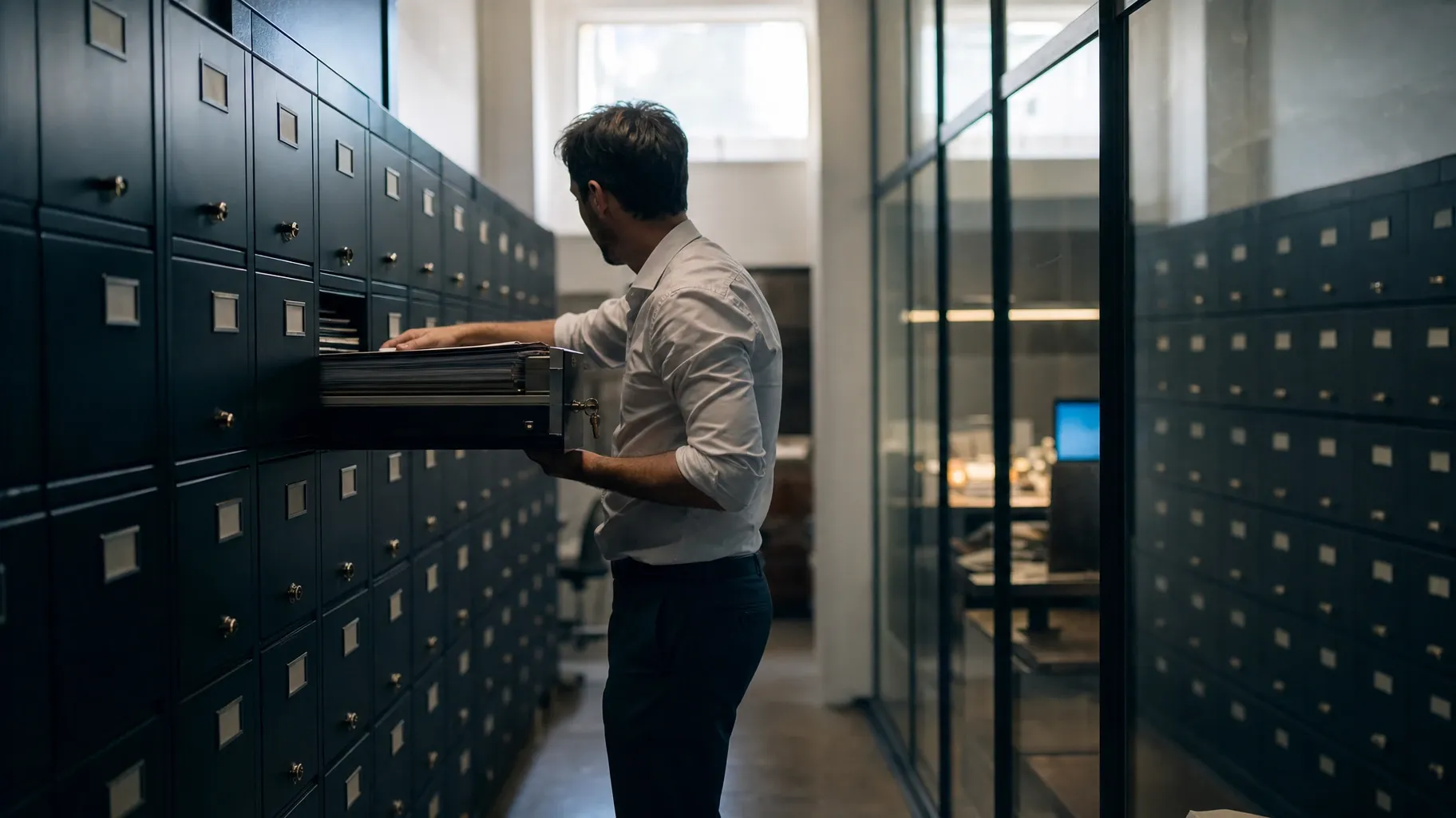 A man in a white shirt pulls a locked drawer full of files from a wall of dark filing cabinets, a glass partition and a lit desk behind him