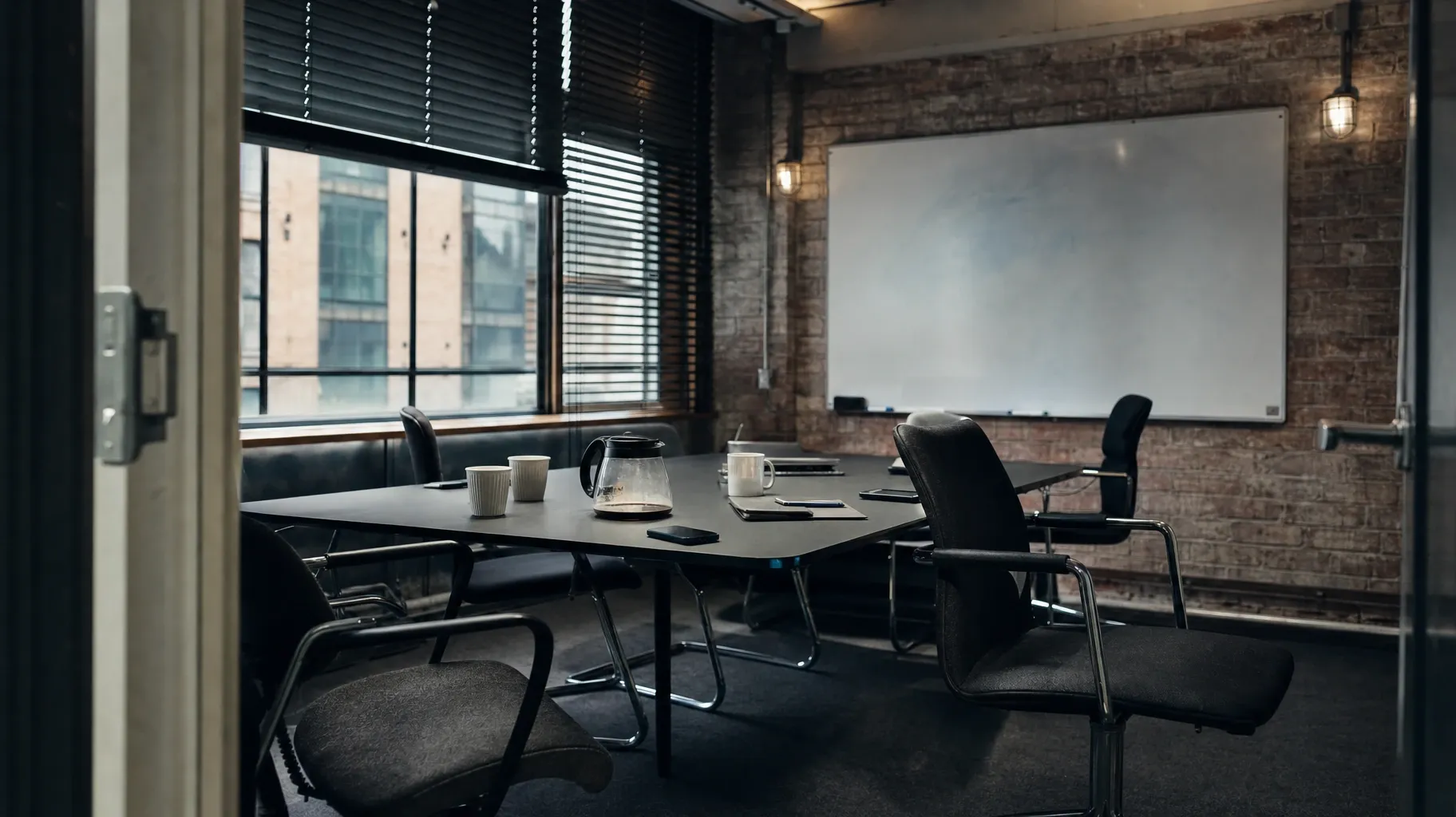 An empty meeting room with a brick wall: a wiped whiteboard, a coffee pot with dregs, paper cups and phones left behind on the table, blinds half down