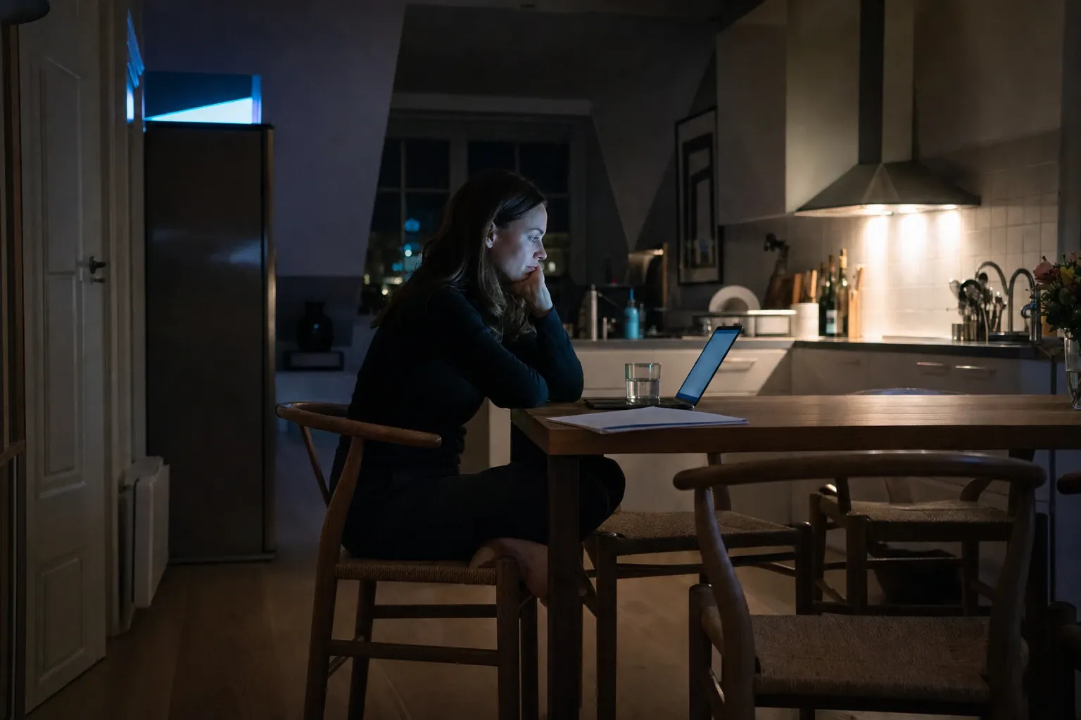 A woman at a kitchen table late at night, chin on her hand, staring at a laptop beside a few papers and a glass of water, city lights in the window
