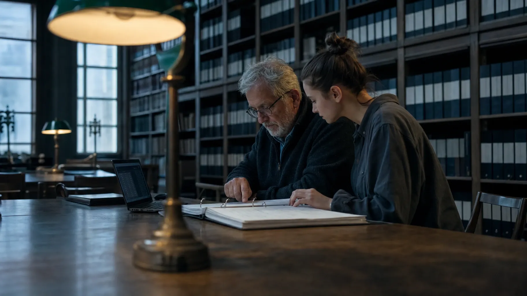 An older man points at a page in a thick ring binder beside a young woman, in a dim reading room with shelves of binders and a laptop showing a spreadsheet