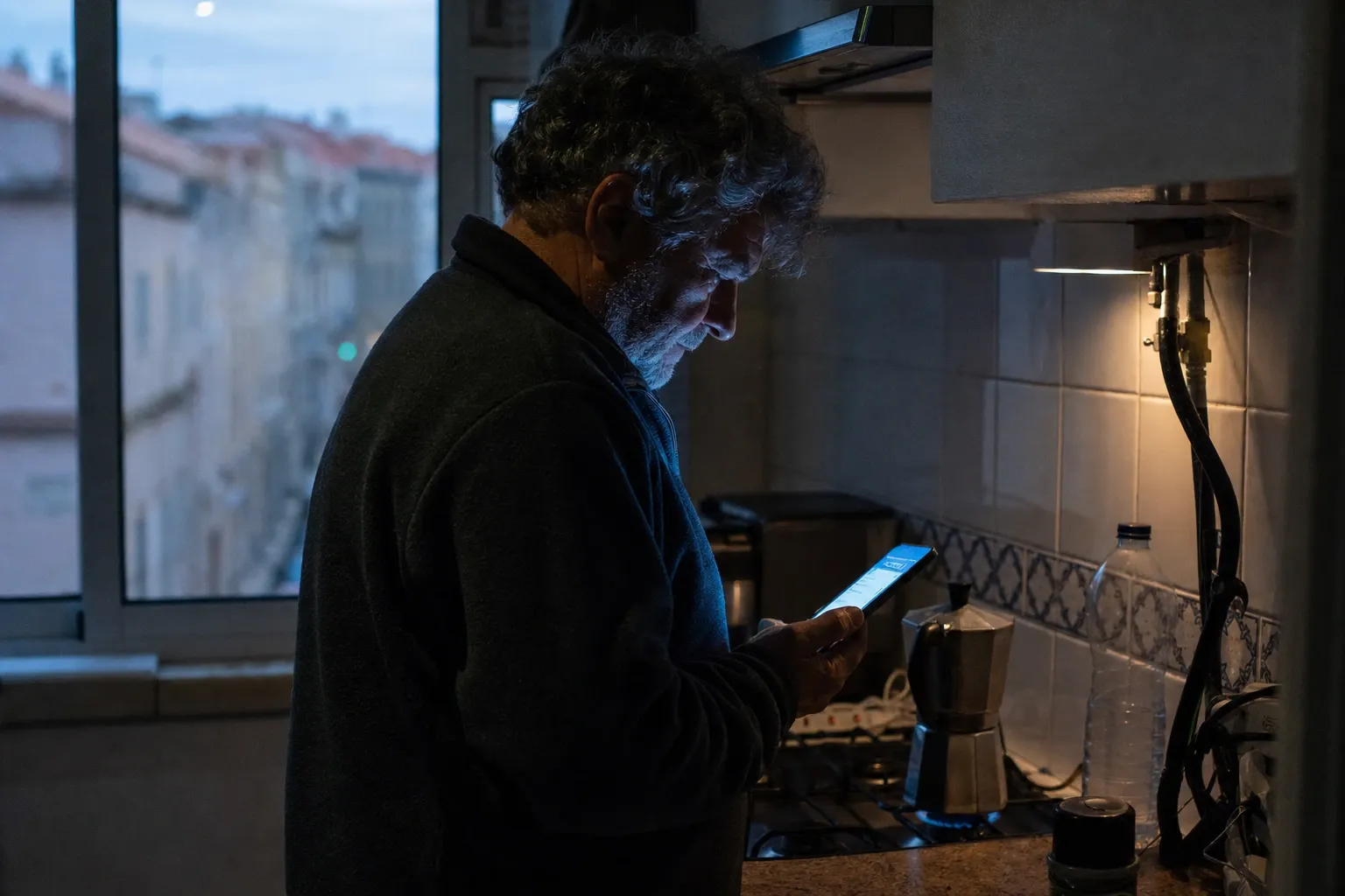 An older man reads his phone in a dim kitchen, a moka pot heating on the gas flame beside him and a narrow city street outside the window