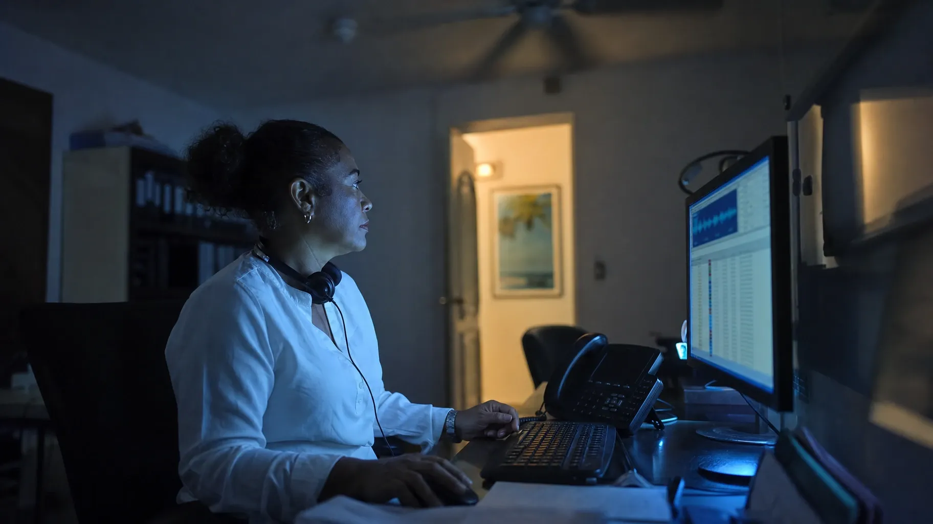 An operator with a headset round her neck works late at a desk, her monitor showing an audio waveform above a long table of entries