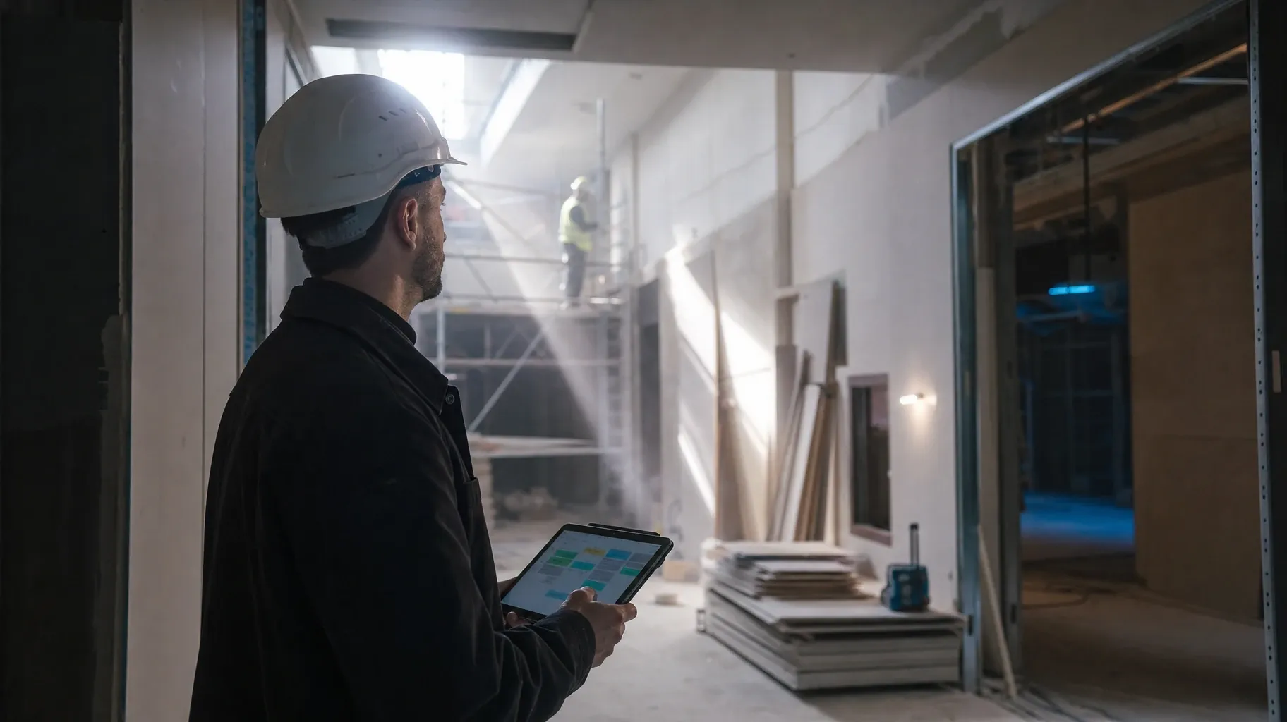 A man in a white hard hat holds a tablet with a colour-coded planning grid and watches a worker on scaffolding in a dusty building under renovation