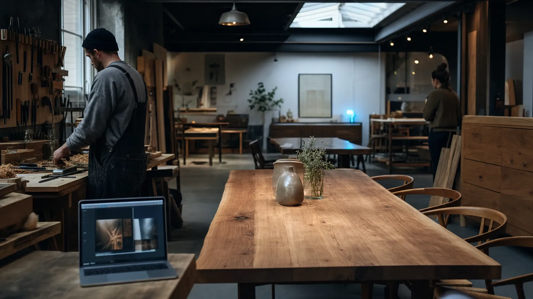 A woodworker in overalls at his bench in a workshop showroom, with a solid wood table in front and a laptop showing photos of wood grain