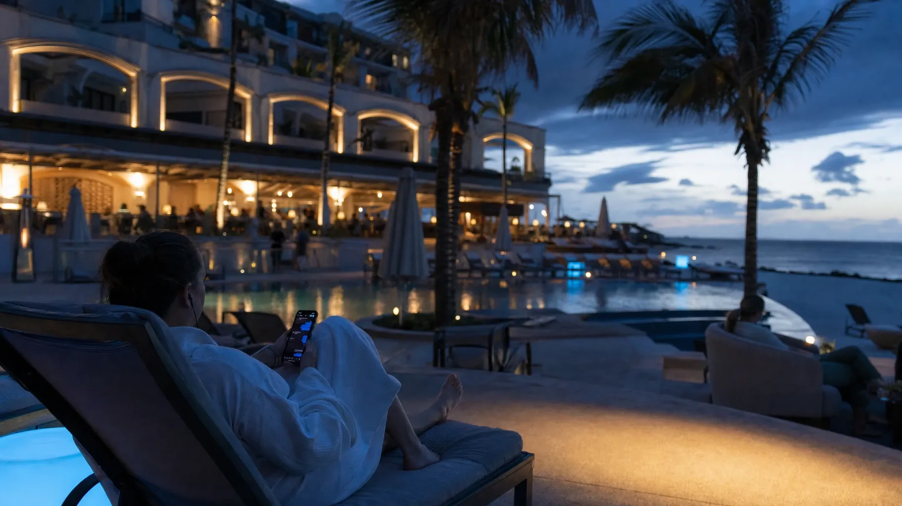 A guest in a white robe on a lounger by the pool at dusk, reading a chat on her phone, with the lit hotel terrace behind and the sea to the right
