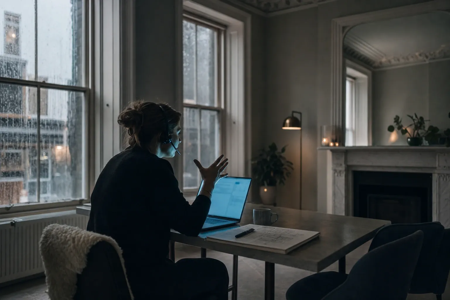On a rainy day, a woman with a headset gestures on a call at her laptop in a high-ceilinged room with sash windows, a marble fireplace and a floor lamp