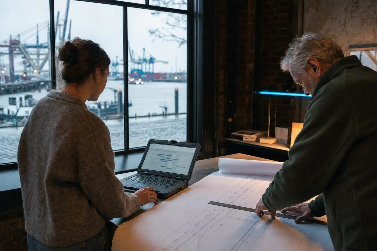 By a window over harbour cranes, a woman works on a rugged laptop showing a schedule while an older man measures a large technical drawing with a ruler