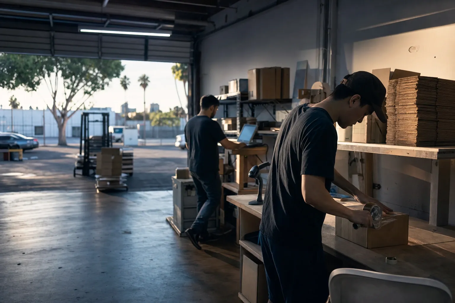 In a warehouse with its roller door open to palm trees in low sun, one worker tapes a cardboard box shut while another types at a terminal by the shelves