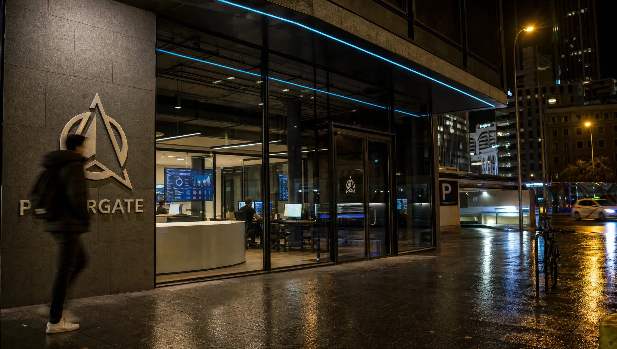 A stone building entrance at night after rain, with the POLARGATE mark in brushed metal beside the door.