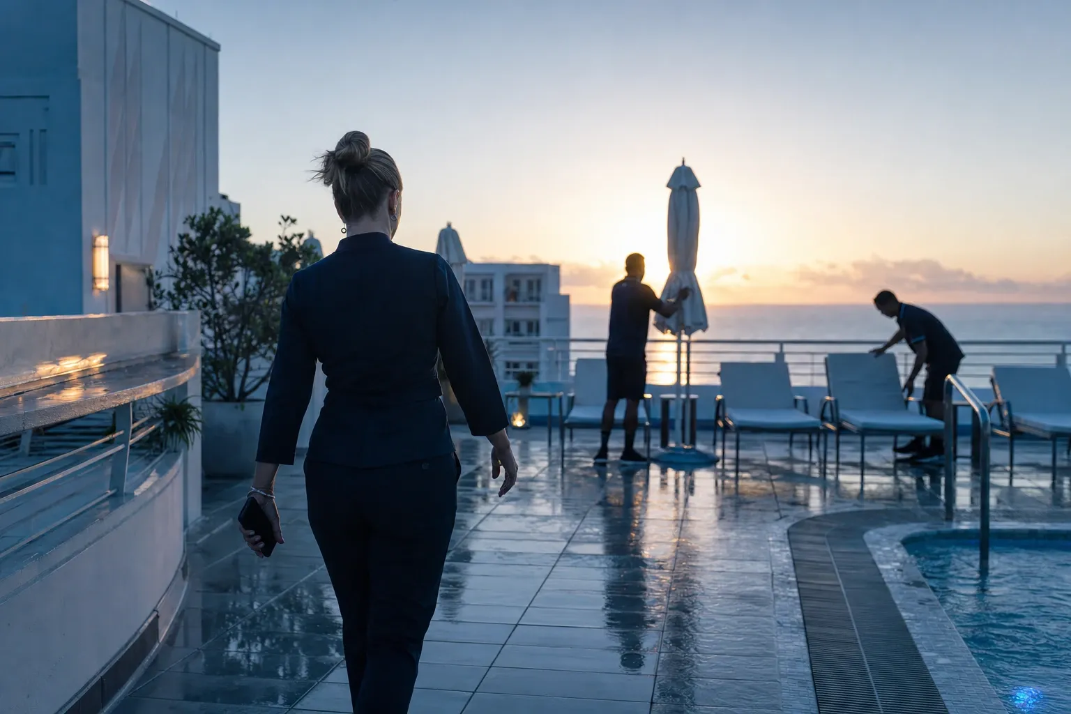At sunrise on a wet rooftop pool deck facing the ocean, a woman in a dark suit walks past as two staff members straighten the loungers and a closed parasol