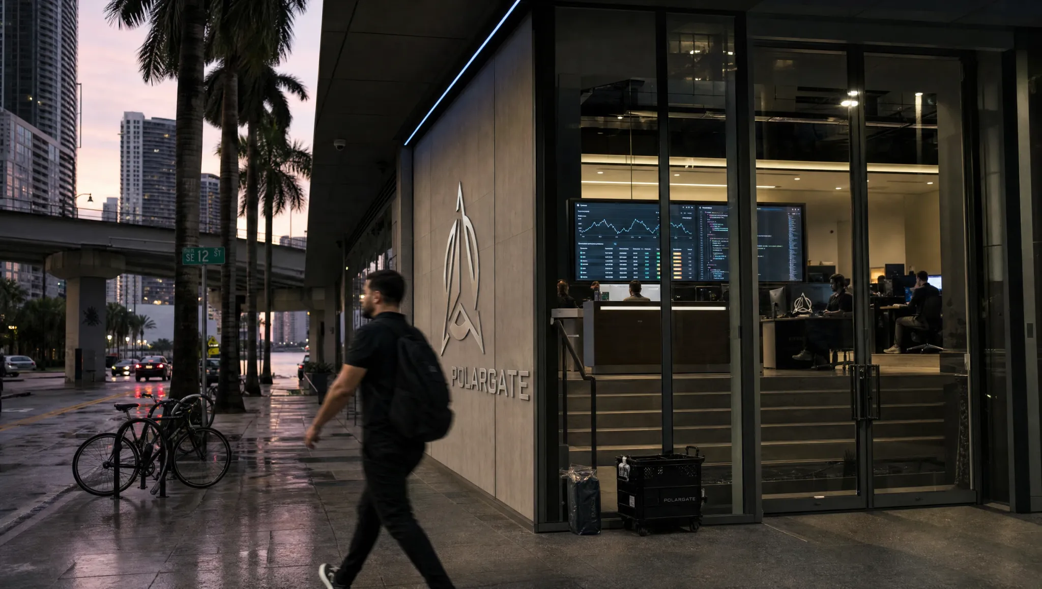 A street in the Miami financial district at dusk, with the Metromover track overhead.