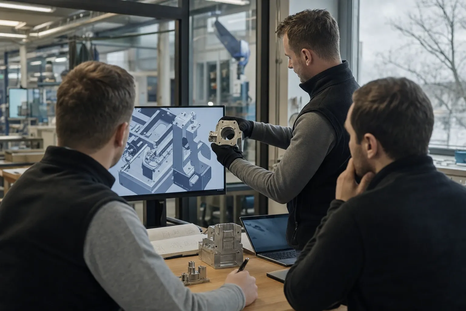 Beside a workshop, a man in gloves holds up a machined metal part next to a screen showing a 3D model of a machine assembly while two others watch