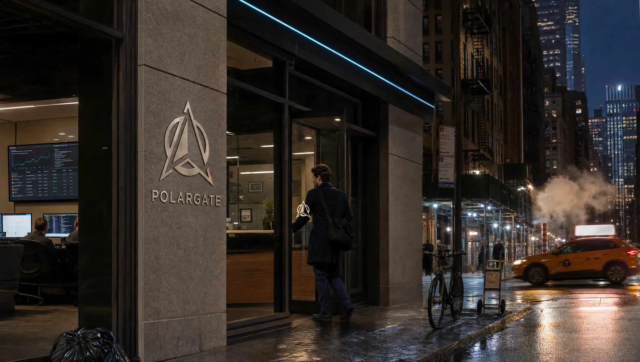 A New York street at night, steam rising from the road and lit office floors behind the glass.