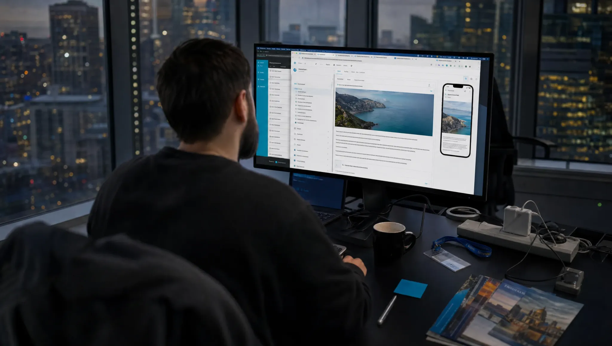 In an office above the city at dusk, a web editor updates a page for one of several brand sites, a phone preview beside the editor