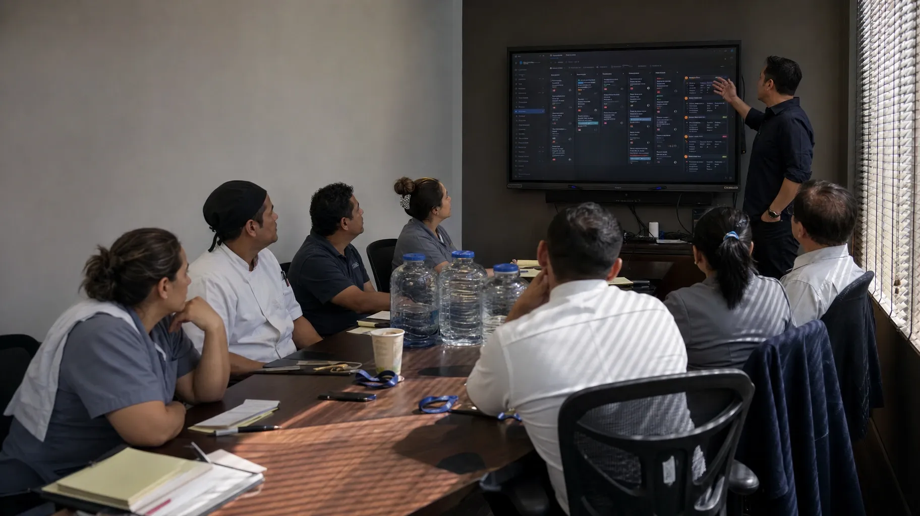 A man points at a wall screen showing a task board in columns while staff in work uniforms, a cook among them, watch from a meeting table