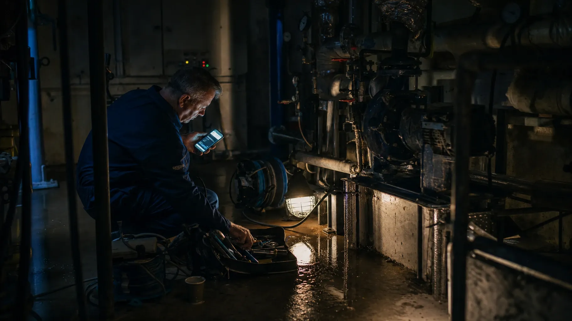 A technician crouches in a dark pump room reading his phone beside a caged work lamp and an open tool bag, water pooling on the concrete floor
