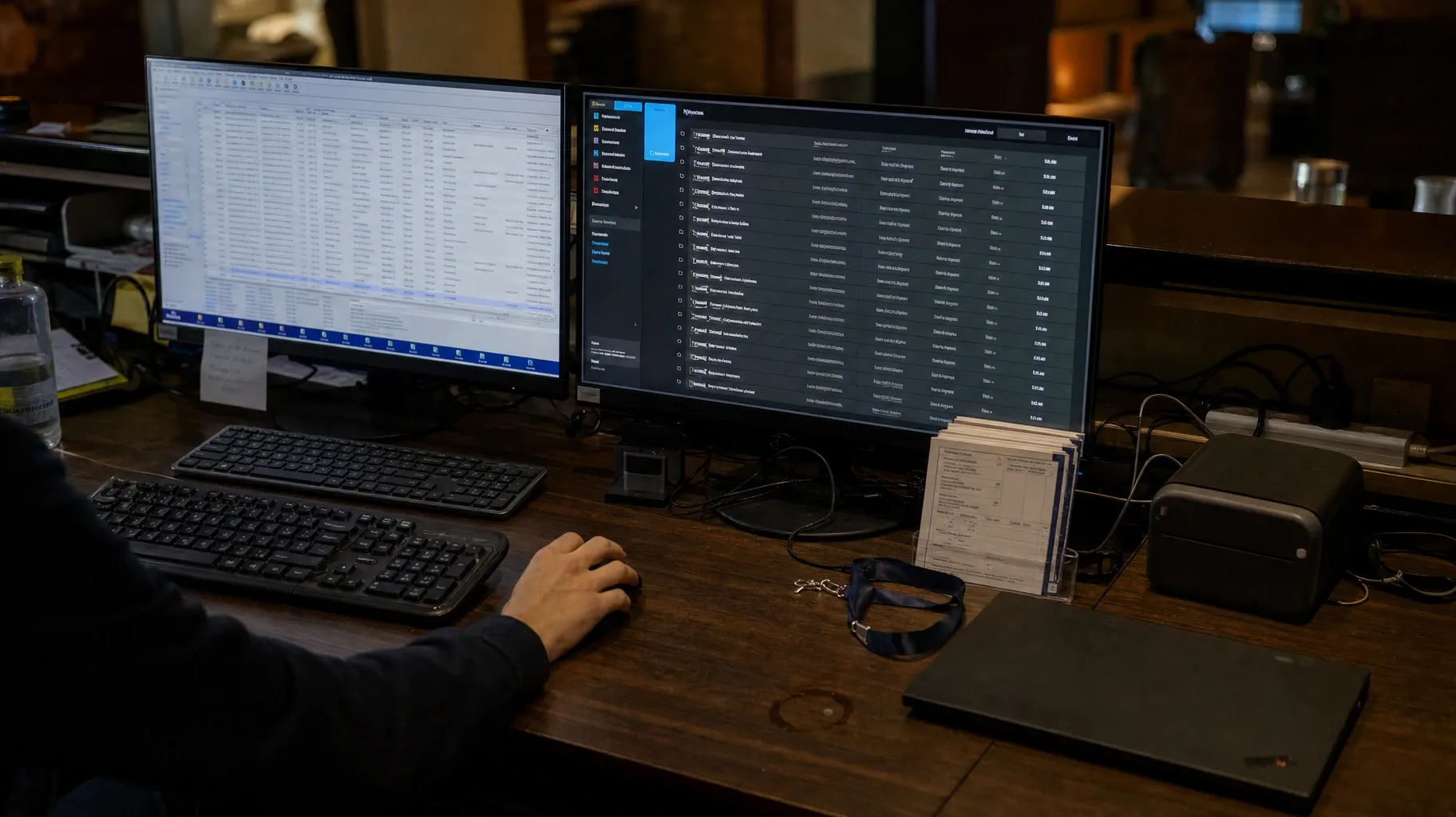 A hand on a mouse at a front desk with two monitors, an older reservations grid on one and a dark list of records on the other, a receipt printer beside