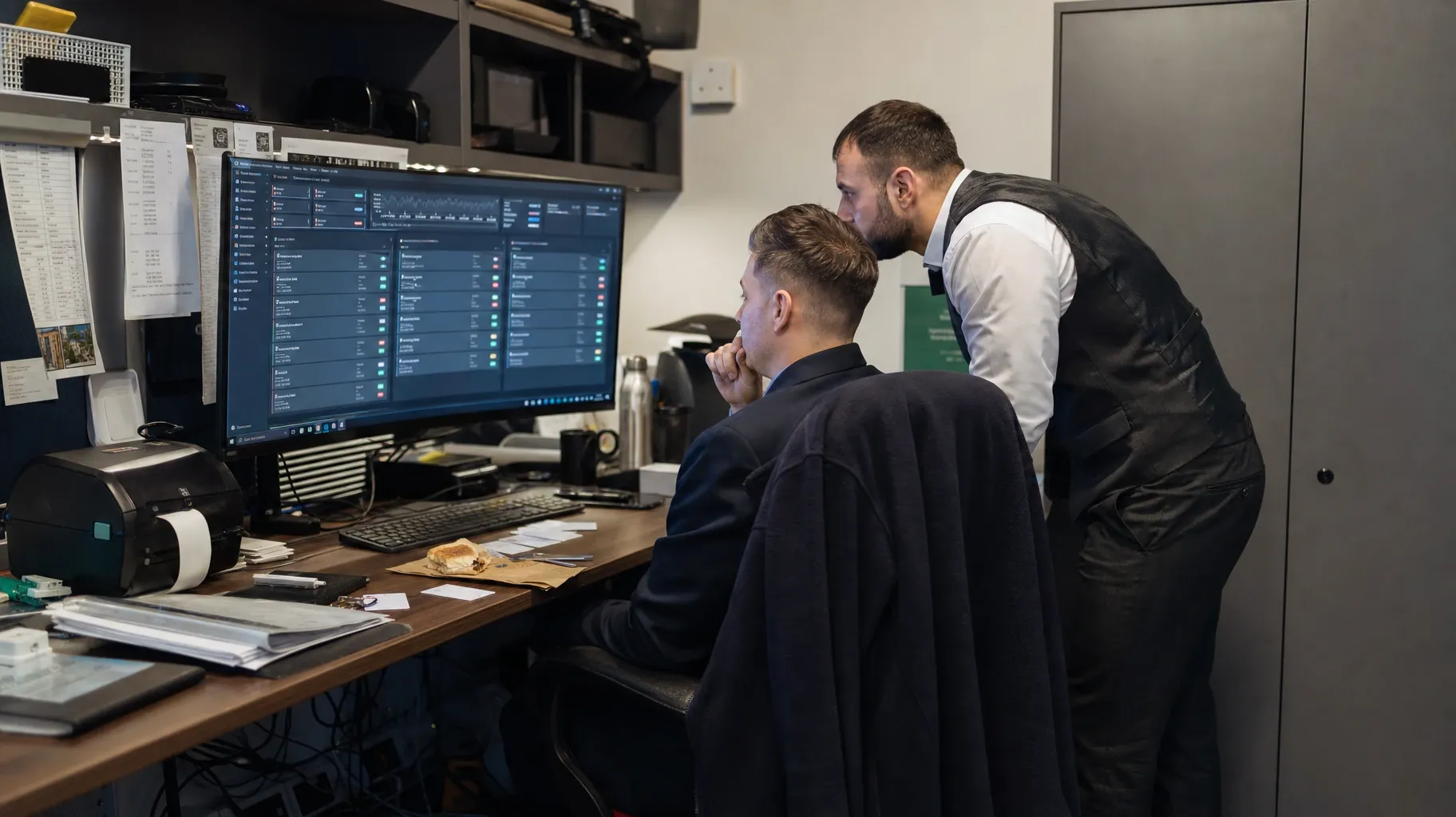 In a cramped back office, one man sits and another leans in to study a wide monitor with columns of tasks marked in red and green