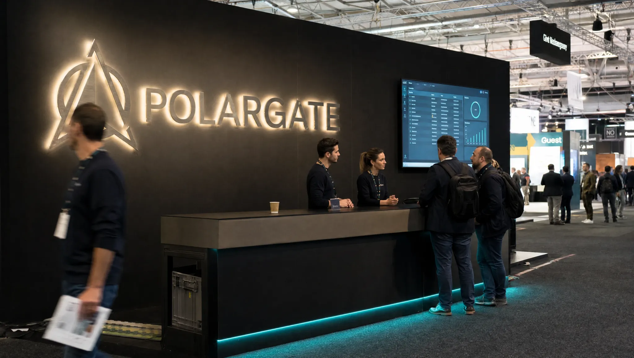 A trade fair stand, the POLARGATE mark in brushed metal on the back panel and software running live on the screens.
