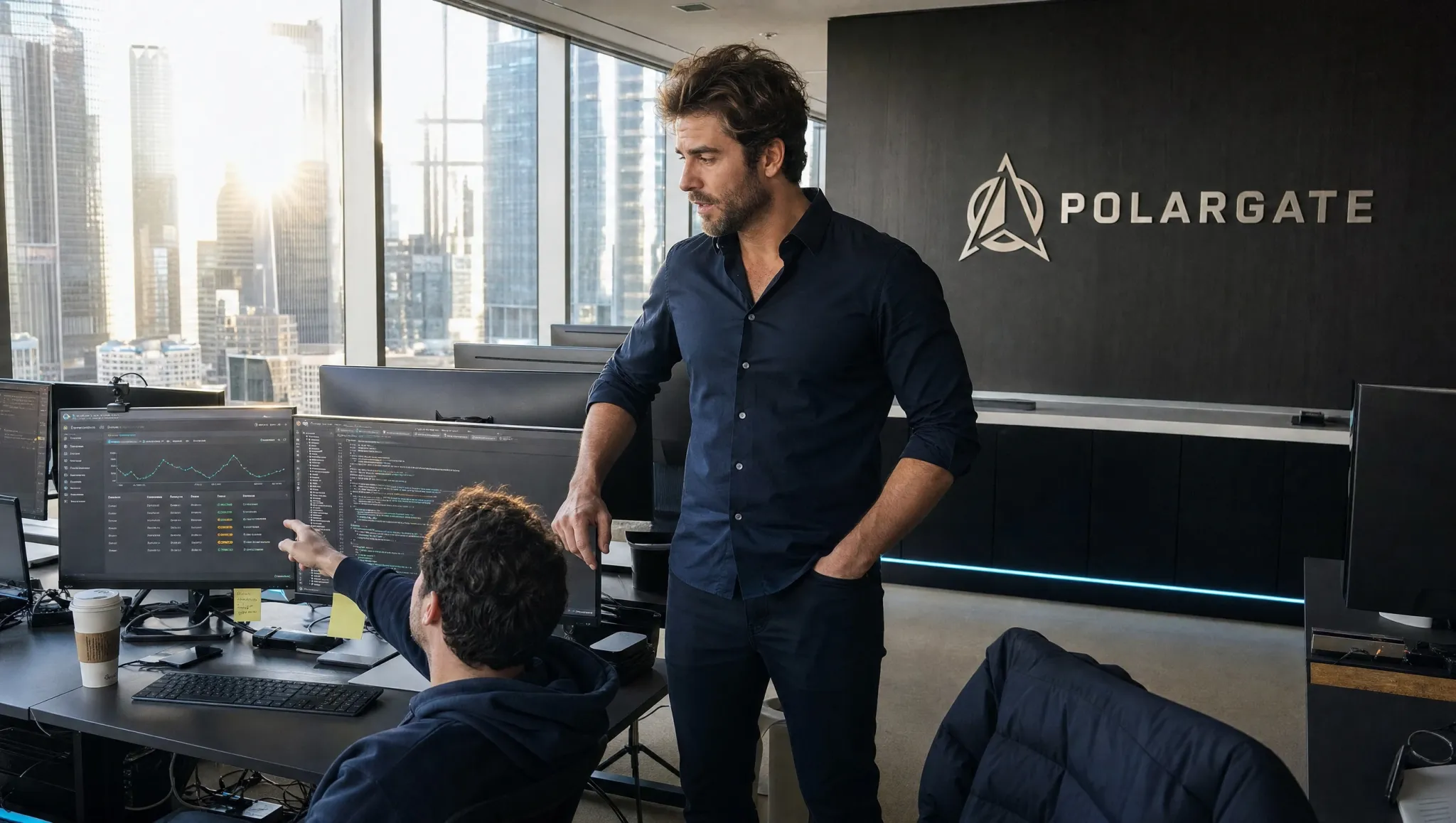Pedro Ciordia, founder and CTO of Polargate, at a desk in New York, with Manhattan through the windows.