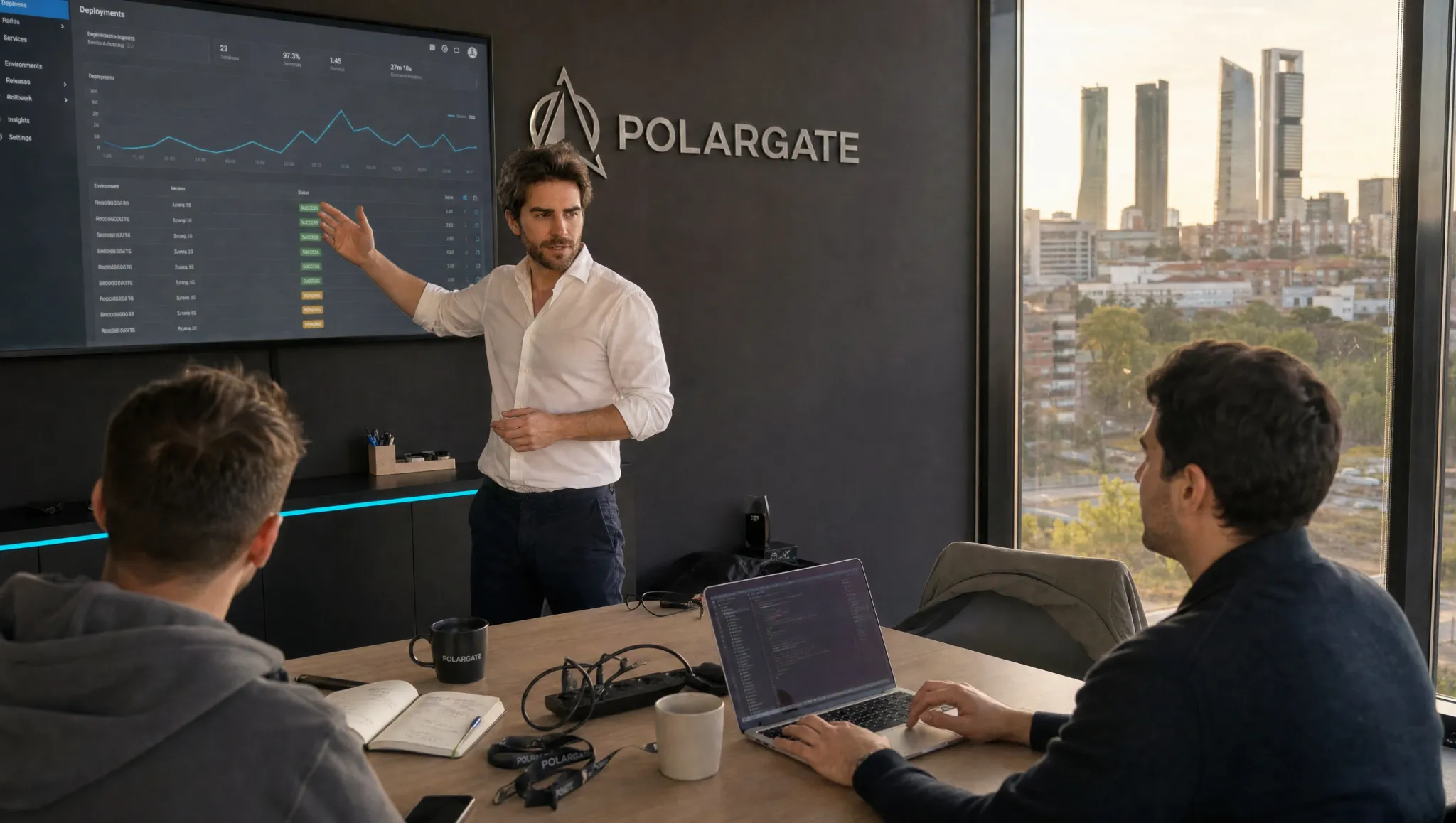 Pedro Ciordia, founder and CTO of Polargate, at a deployment dashboard, the towers of the financial district through the glass.