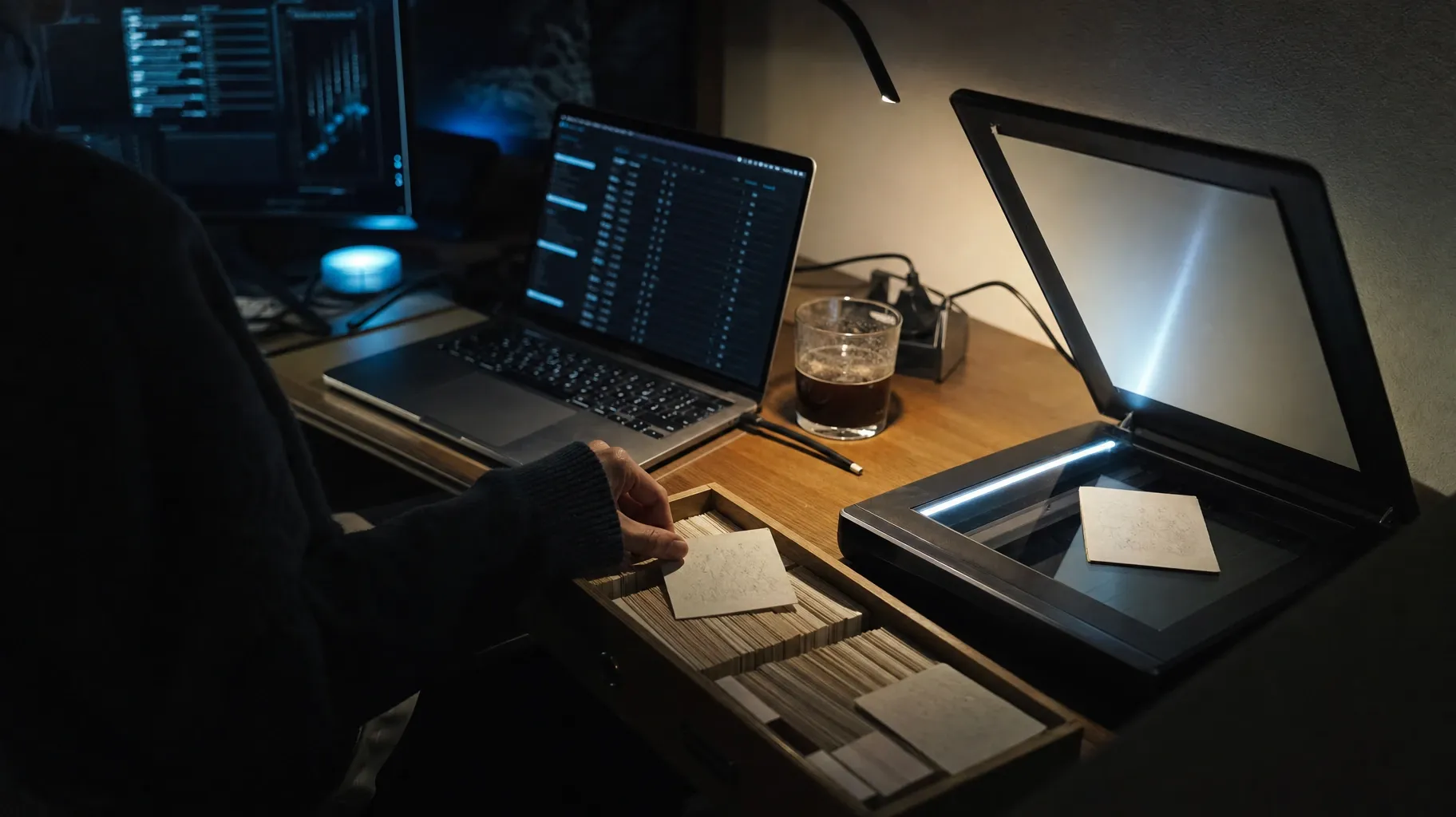 Someone takes a paper card from a drawer of index cards to lay it on a lit scanner, while a laptop beside it shows a long list of records