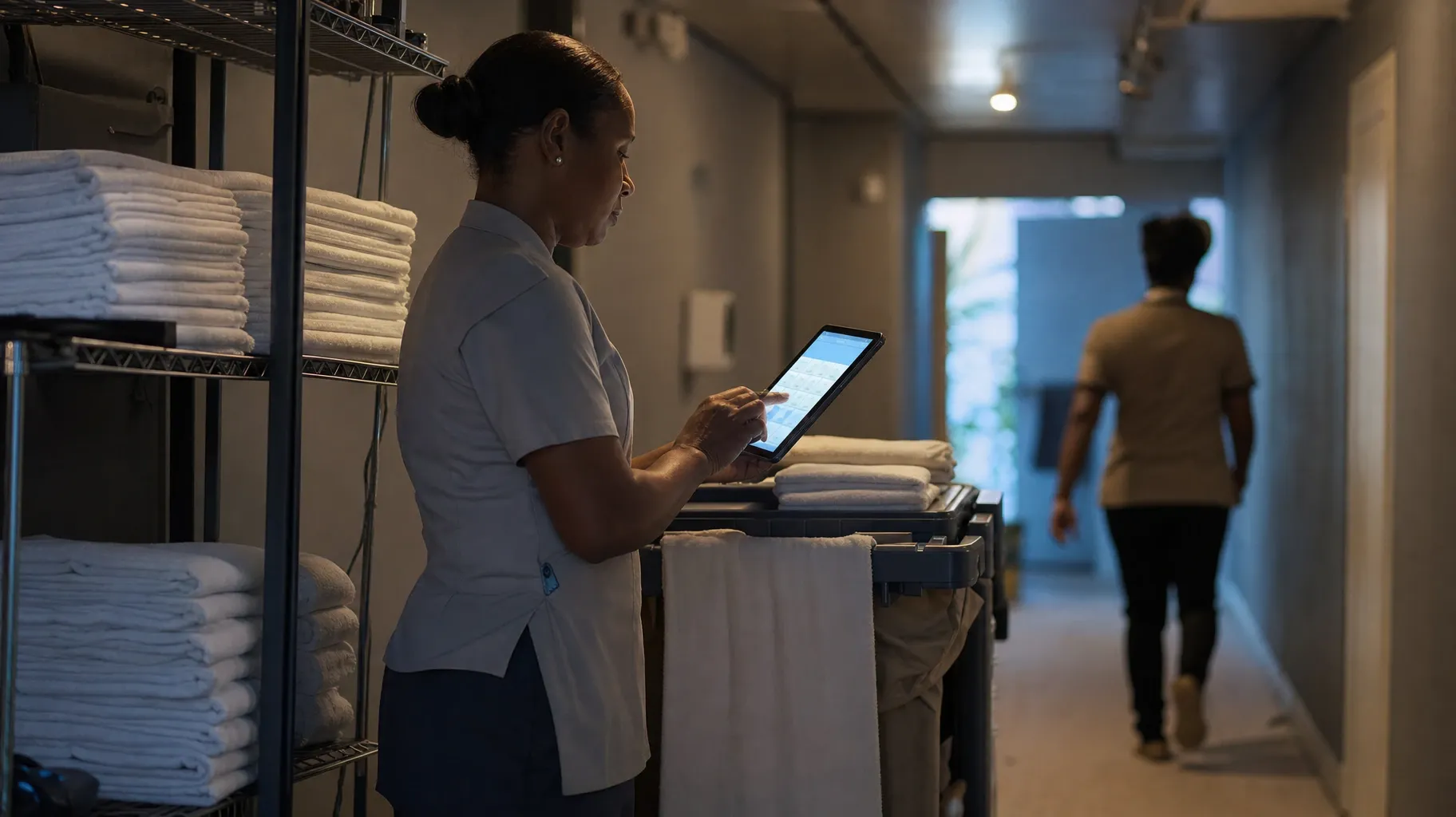 A housekeeper in a dim service corridor taps through a grid on a tablet, next to shelves of folded towels and a linen cart, as a colleague walks away