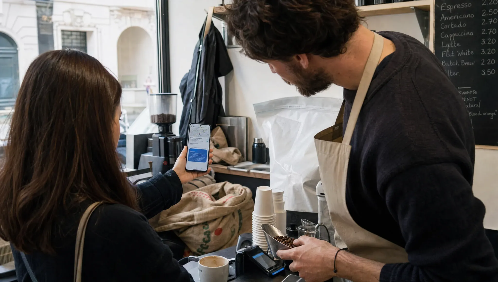 At a coffee roaster's counter, a customer shows the owner the map listing and assistant answer on her phone that brought her in
