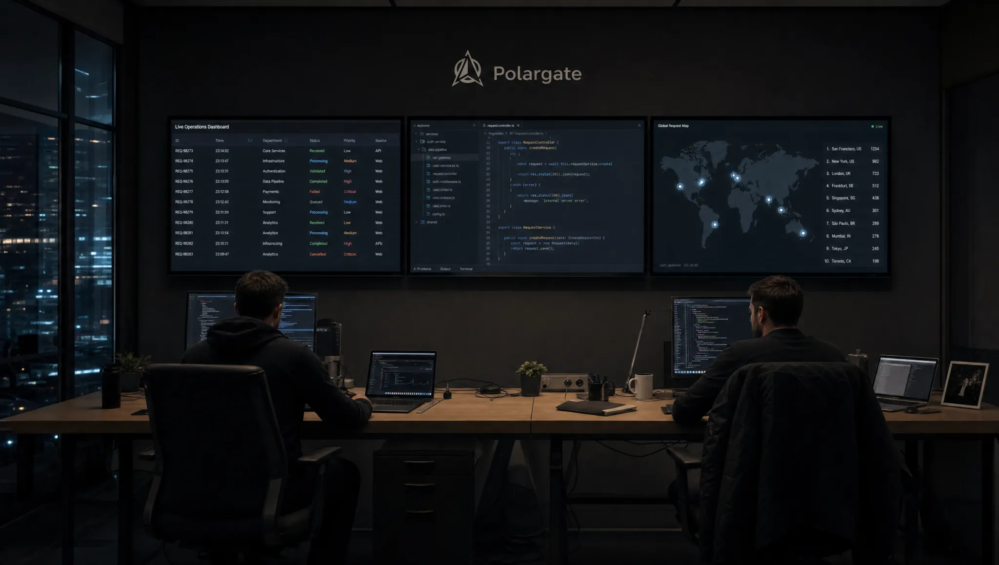 Two people at a long desk at night, facing three wall screens: a live request dashboard, a code editor and a world map of requests by city.