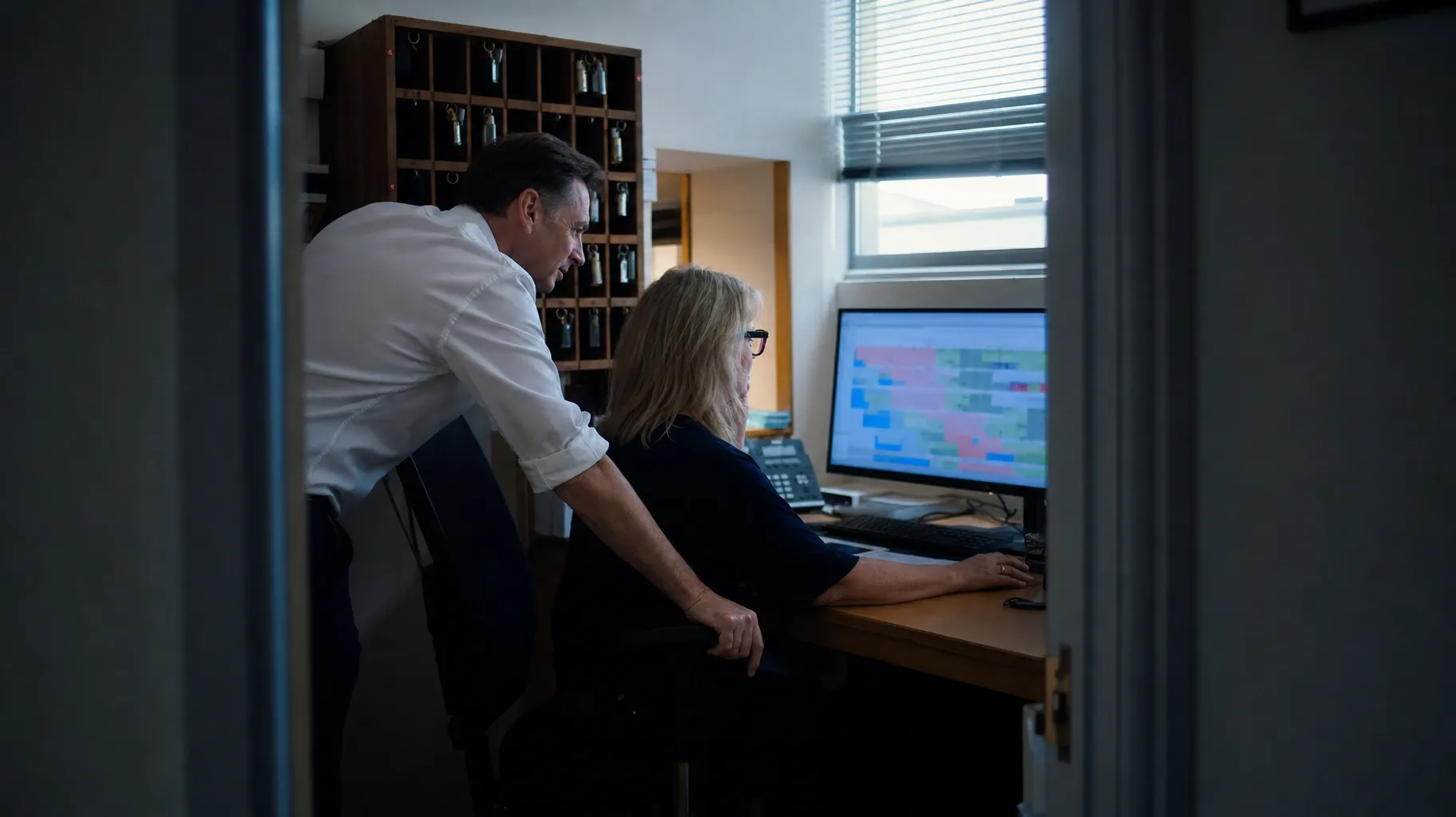 Seen through a doorway, a man in a white shirt leans over a seated woman studying a colour-coded room booking grid, beside a rack of room keys