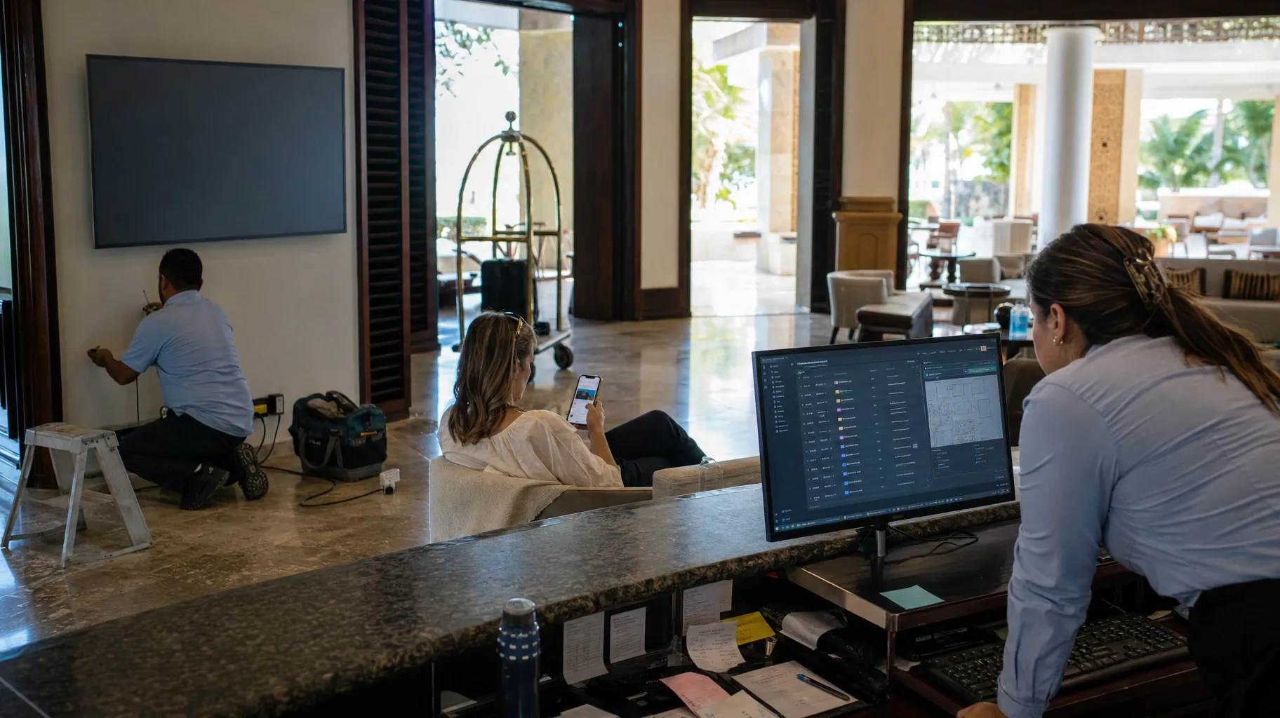 Hotel lobby by day: a receptionist checks a room list and floor plan on screen while a technician wires a wall TV and a guest looks at her phone