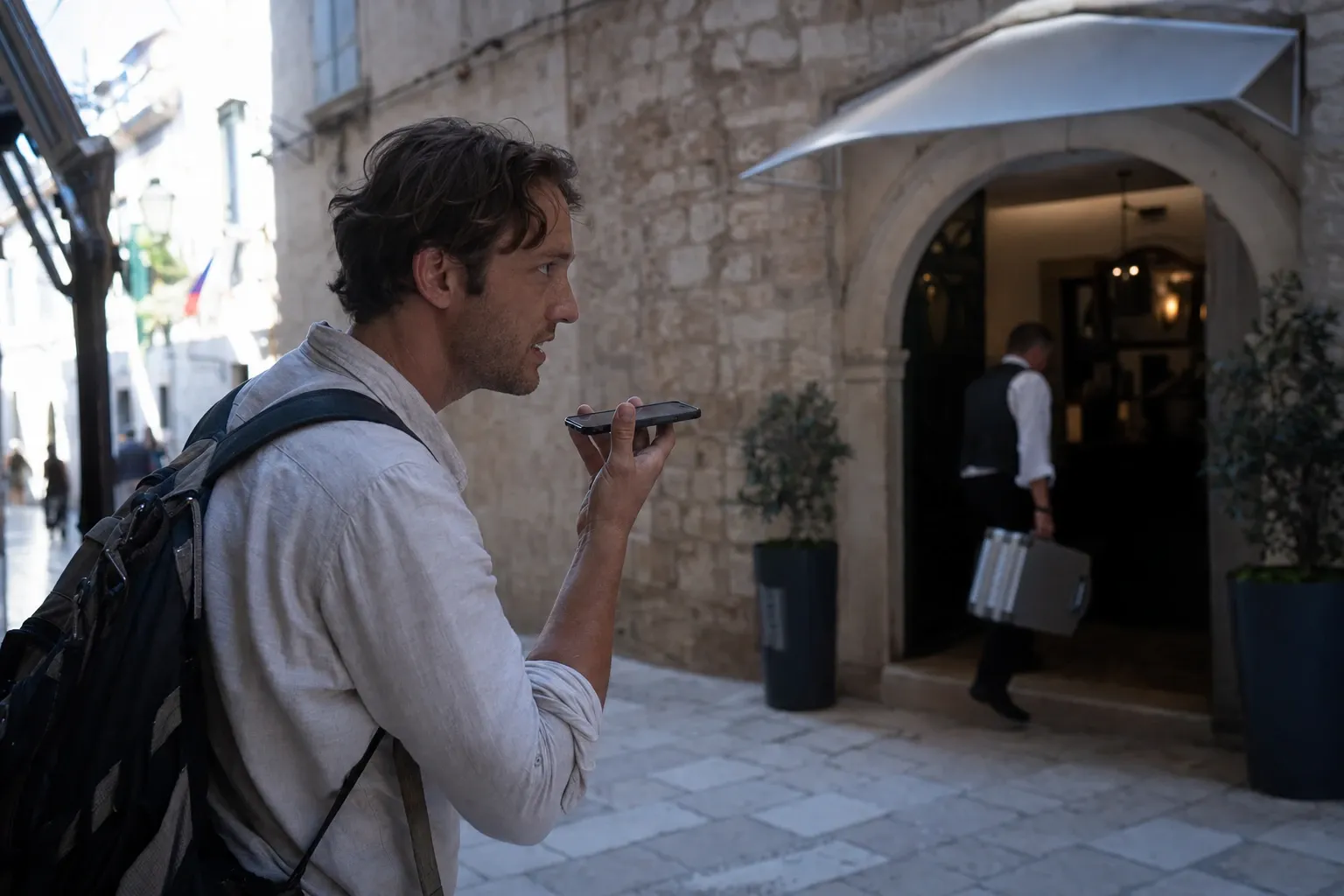 A traveller with a backpack speaks into his phone outside the stone arched entrance of a hotel in an old town, as a porter carries a case inside