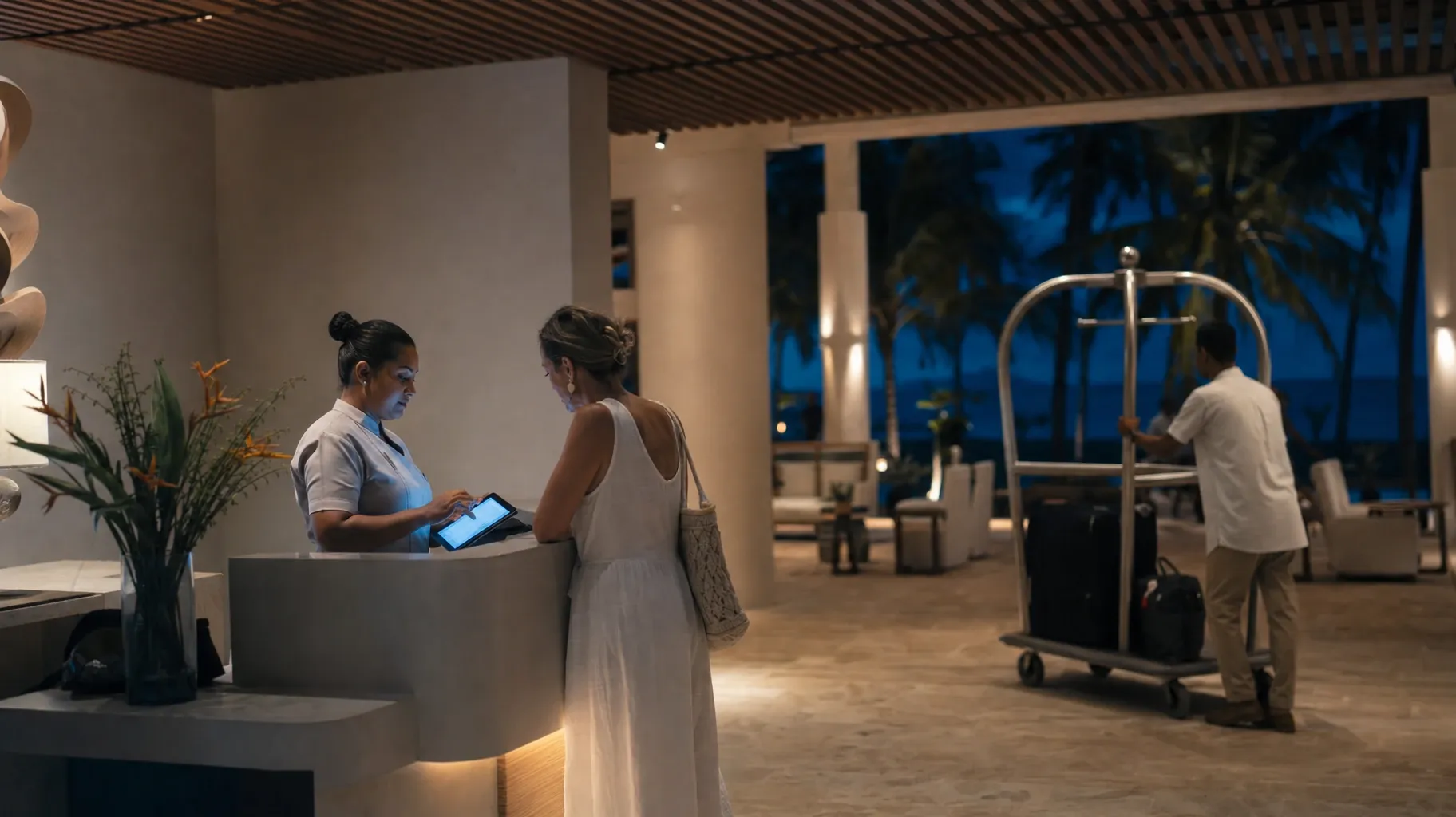 At dusk in an open-air beach hotel lobby, a receptionist helps a guest using a tablet while a porter wheels a luggage trolley past the palms
