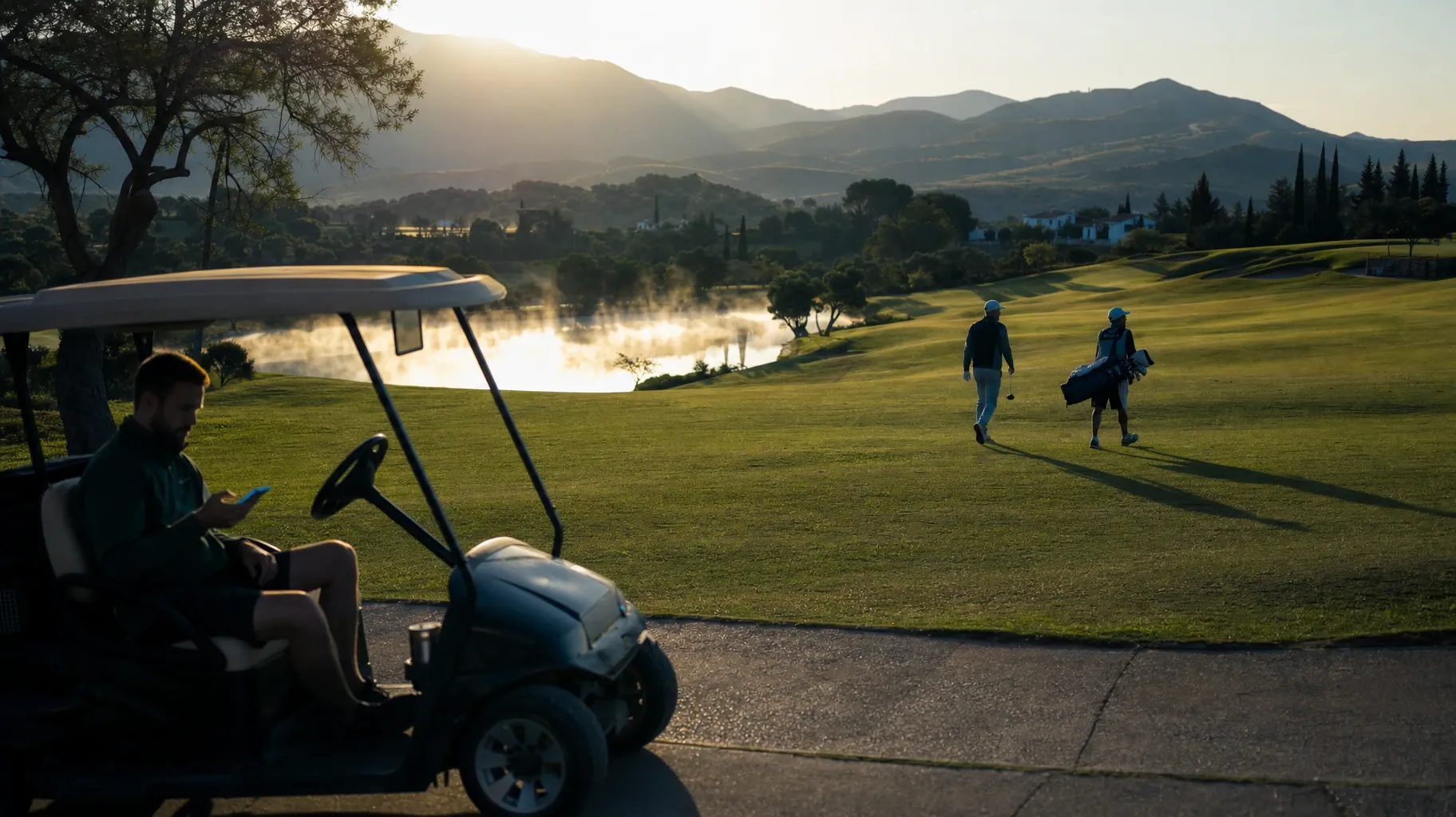 Sunrise over a golf course with mist on the lake: a man checks his phone in a buggy while two golfers walk up the fairway with their bag