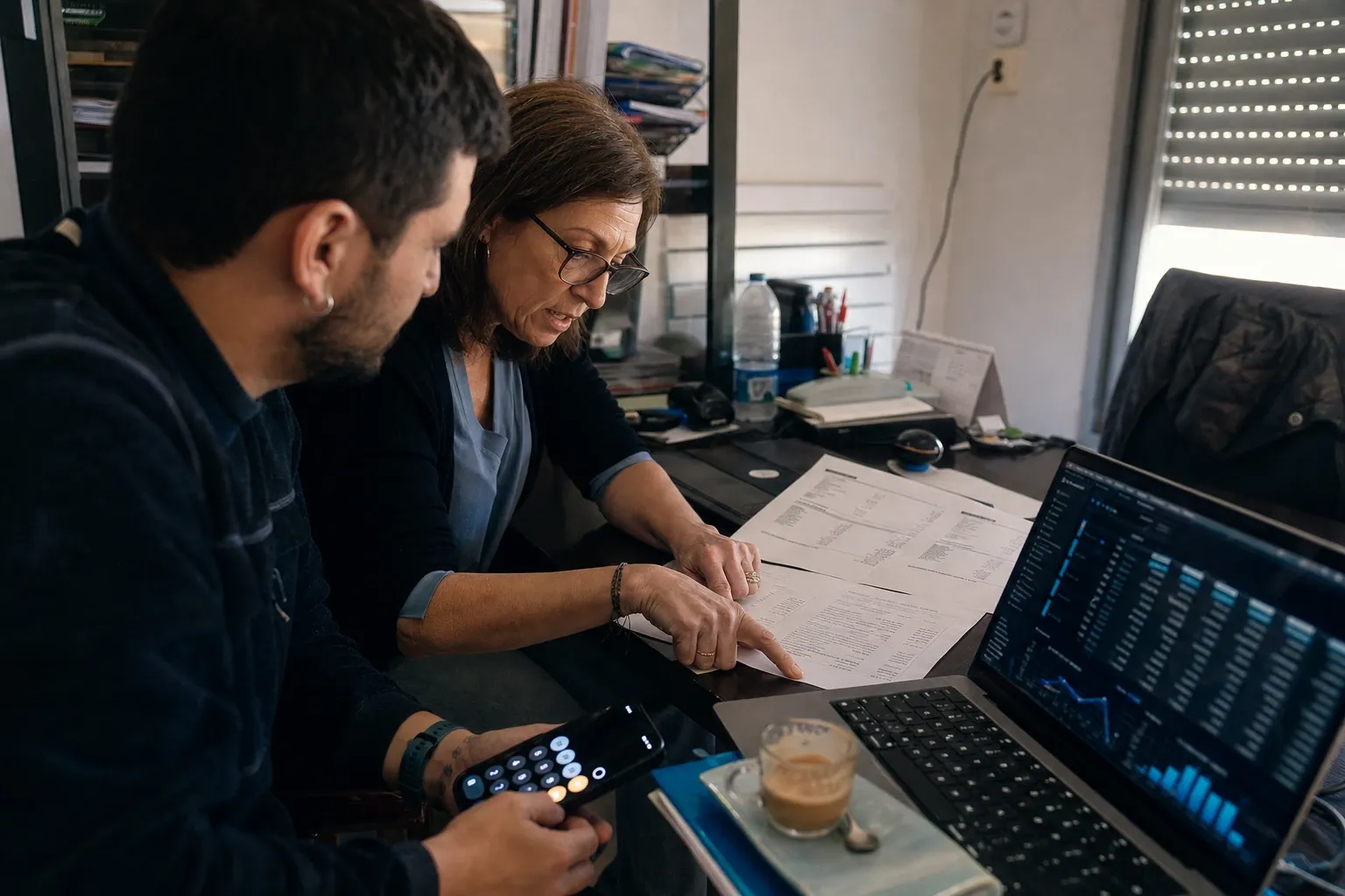 Two people at a desk go over printed sheets of figures, she points at a line while he works a calculator on his phone, beside a laptop with tables and charts