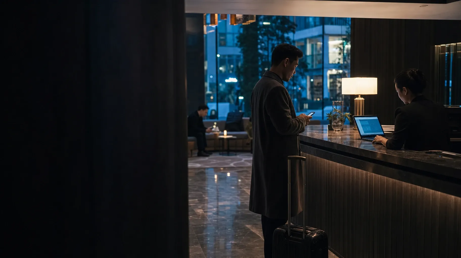 At night in a hotel lobby, a guest with a suitcase checks his phone at a marble desk while a receptionist works on a laptop, city lights behind the glass