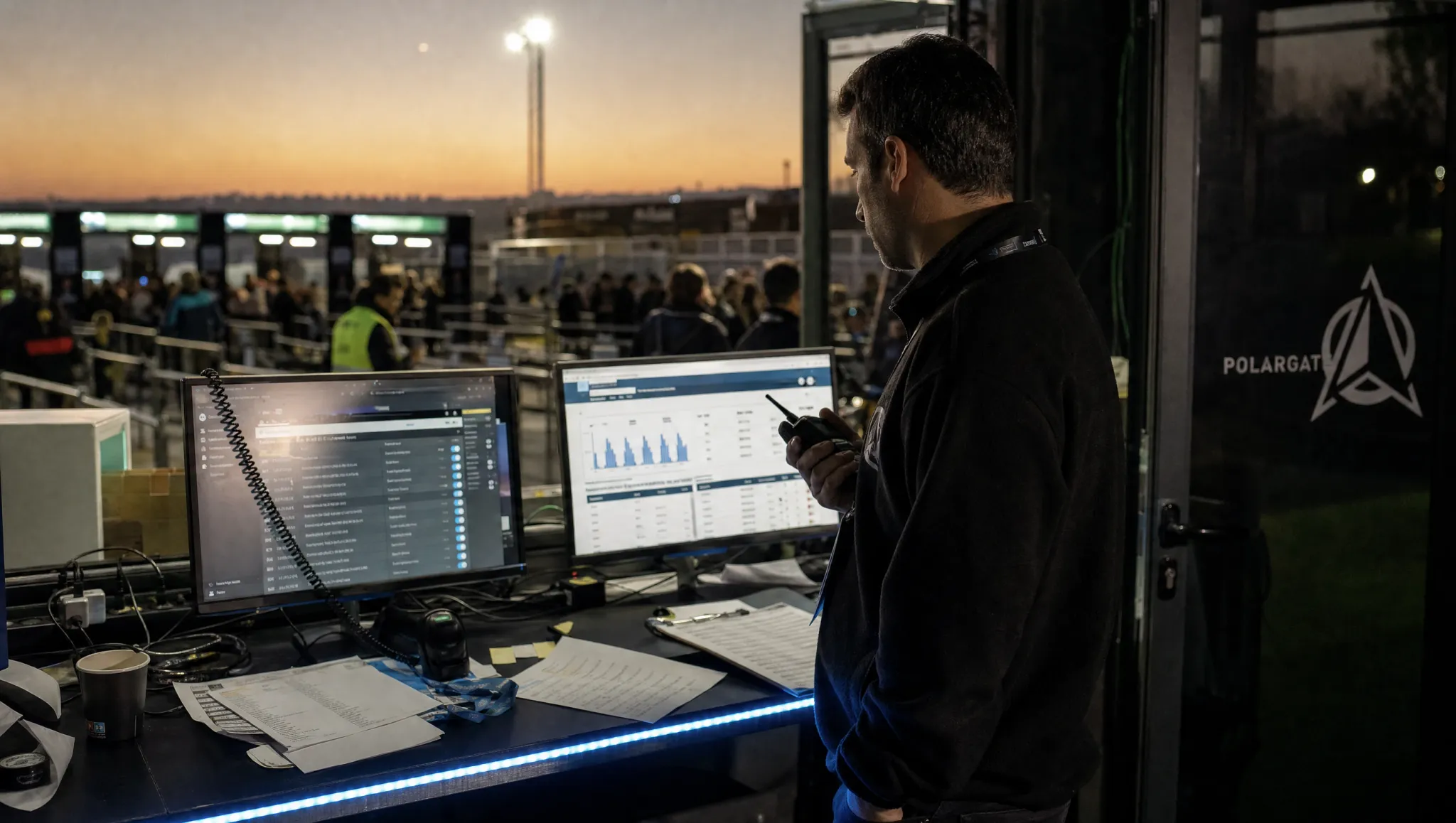 The production post at a festival at dusk: the entry counts and capacity per lane on screen while the crowd comes in.