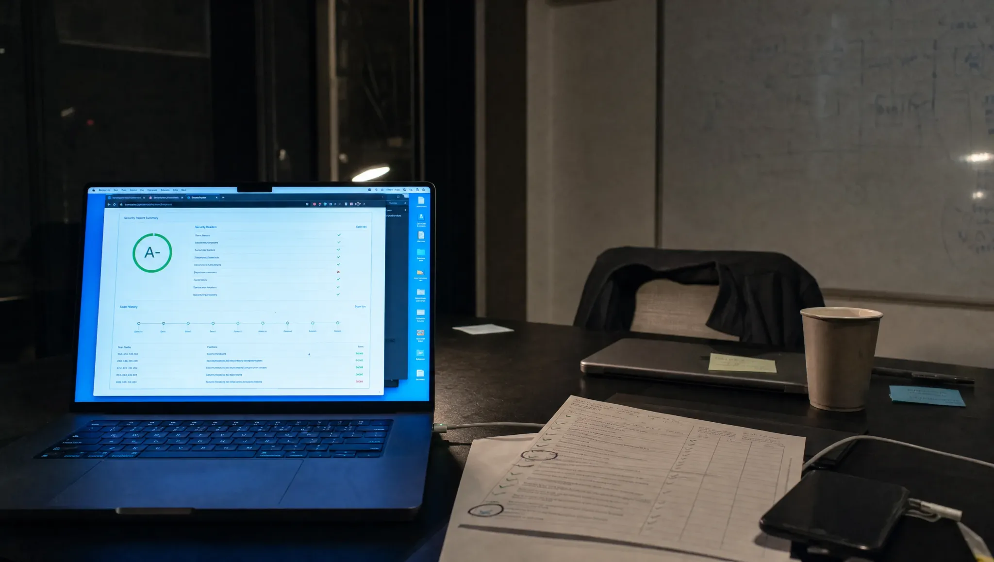 A laptop on a meeting room table at night shows a website security report with a grade and a list of headers, a ticked checklist beside it