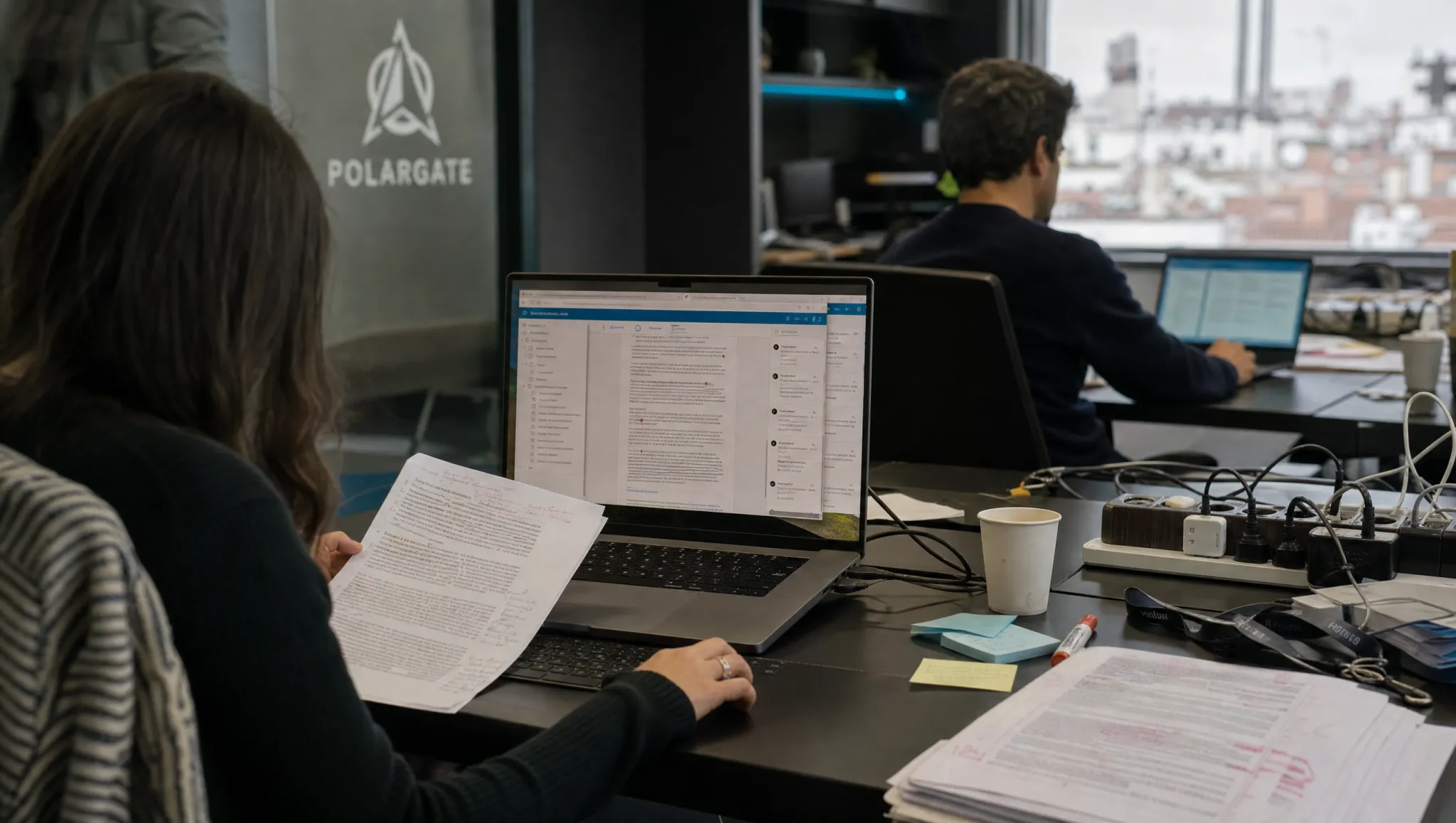 A writer working through a page in the content editor with the marked up printout beside her.