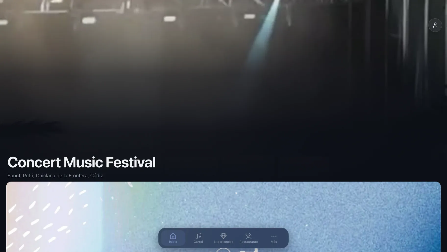 Home screen of the Concert Music Festival web app: the festival name and Sancti Petri, Chiclana de la Frontera, Cádiz over a dim stage, with a tab bar below.