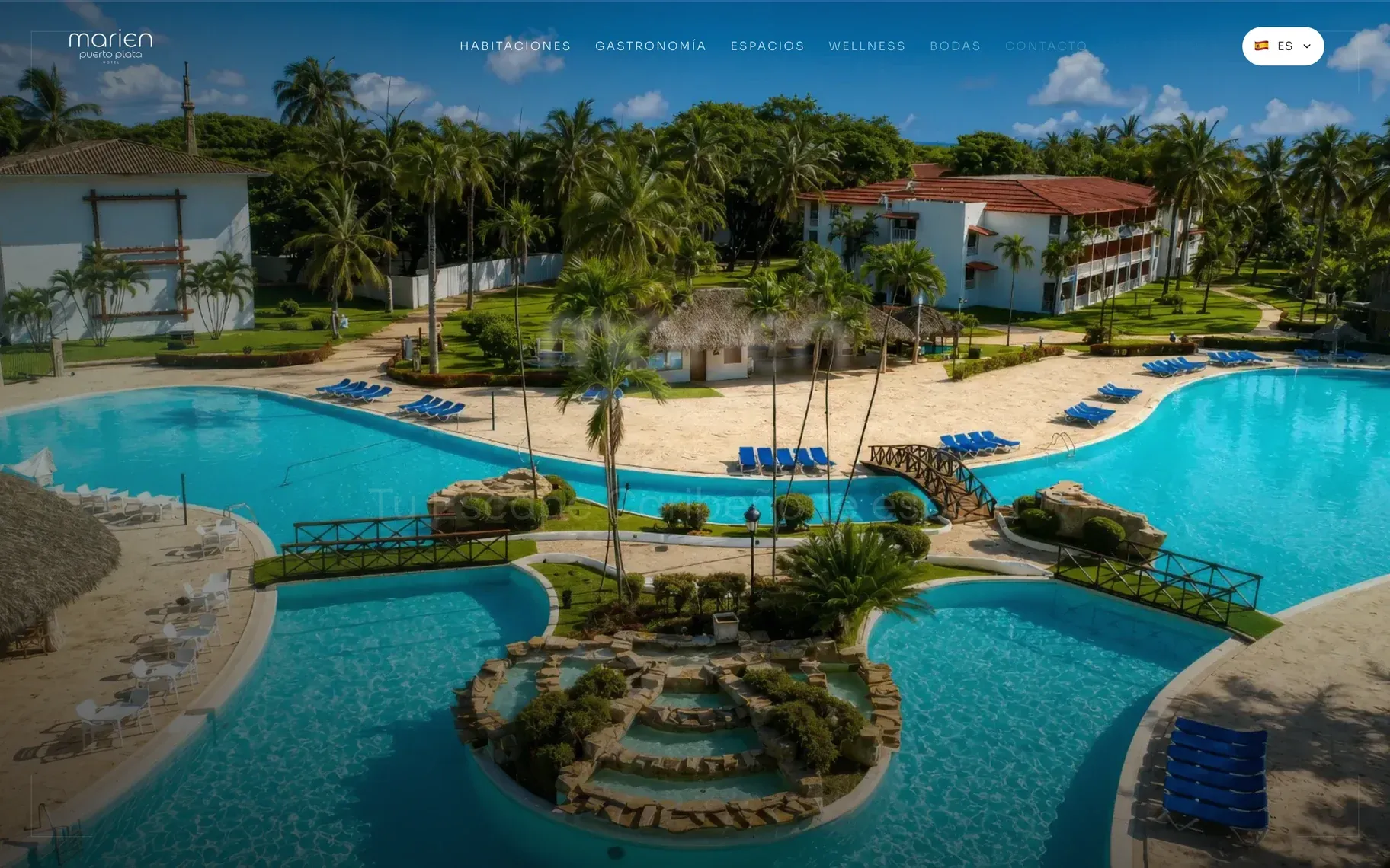 Home page of hotelmarien.com: the Marien Puerto Plata logo and menu over an aerial view of the resort's lagoon pools, blue sun loungers, palm trees and hotel buildings.