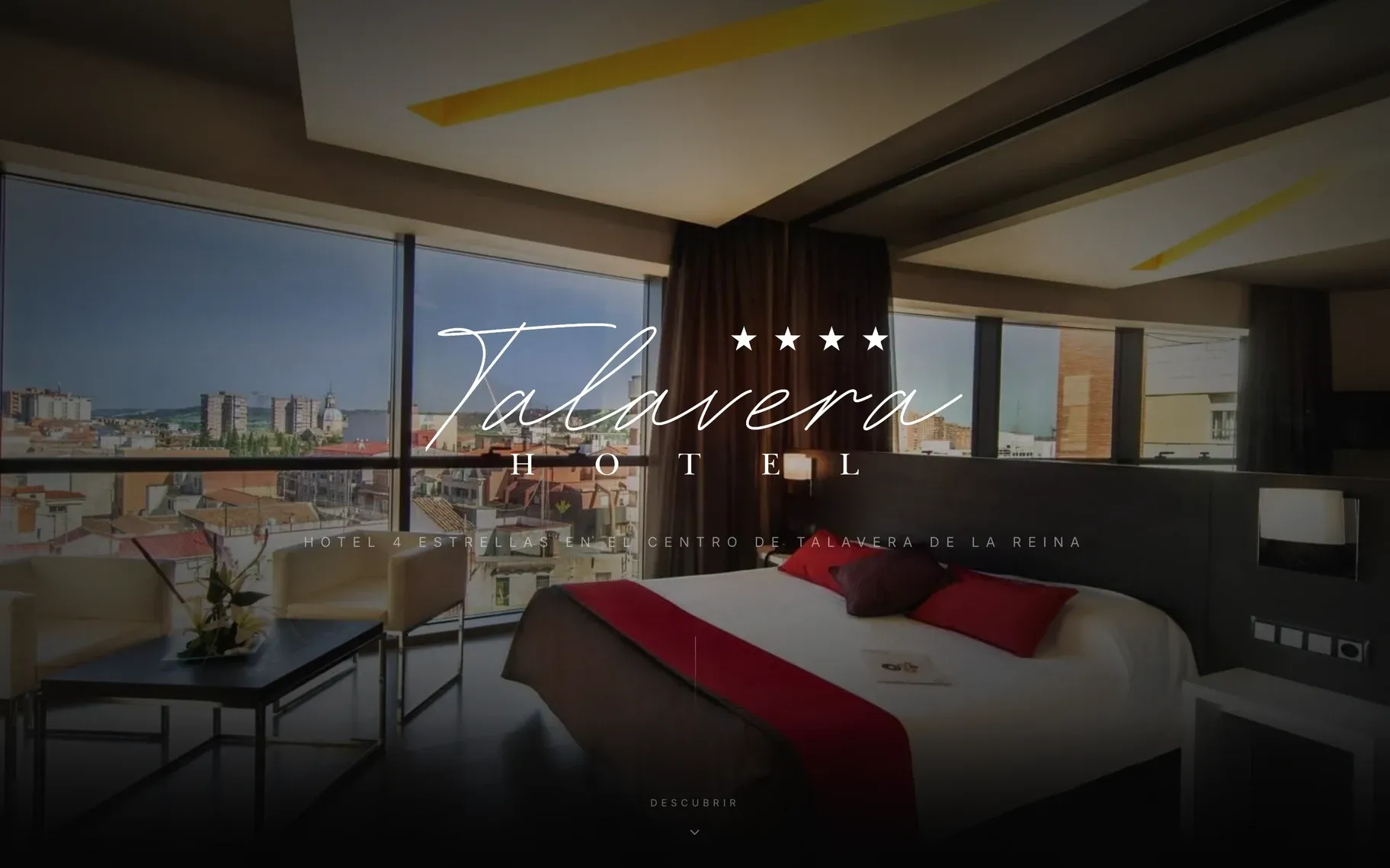 Home page of hoteltalavera.com: the Talavera Hotel logo with four stars over a hotel room with a double bed, red cushions and a wide window onto the city.