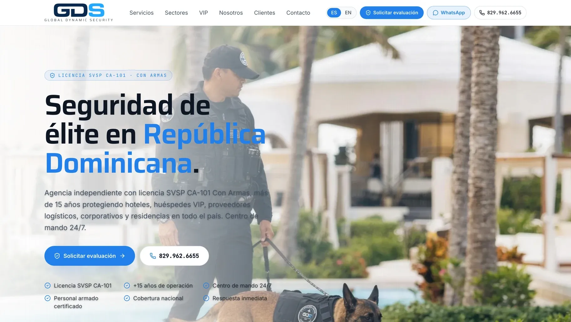 Home page of gdsglobalsecurity.com: the GDS logo, the headline Seguridad de élite en República Dominicana, and a guard with a dog beside a pool.