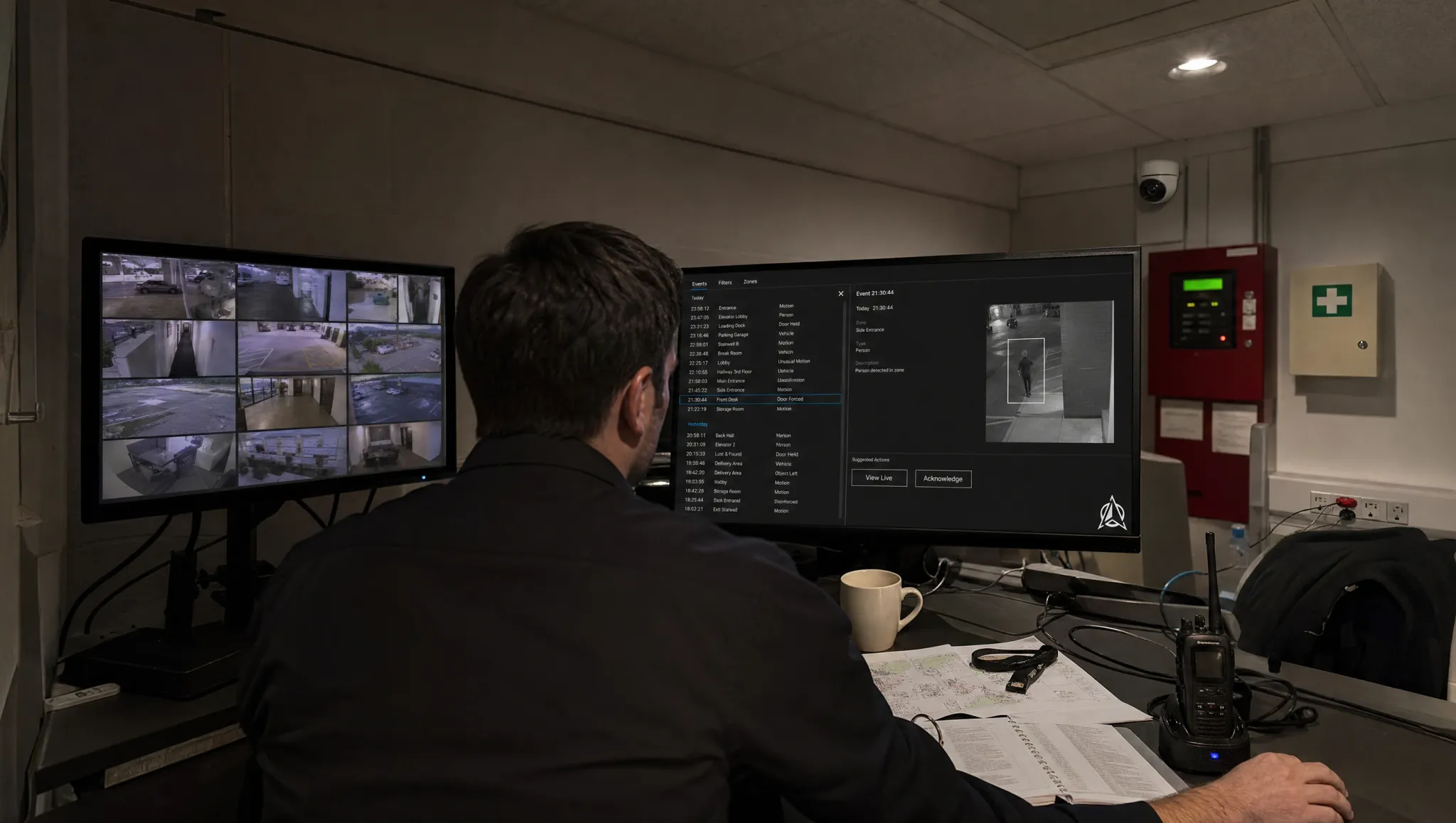 A hotel security room at night: the manufacturer's camera wall on one screen and the operations software on the other, with one event opened and two suggested actions under it.
