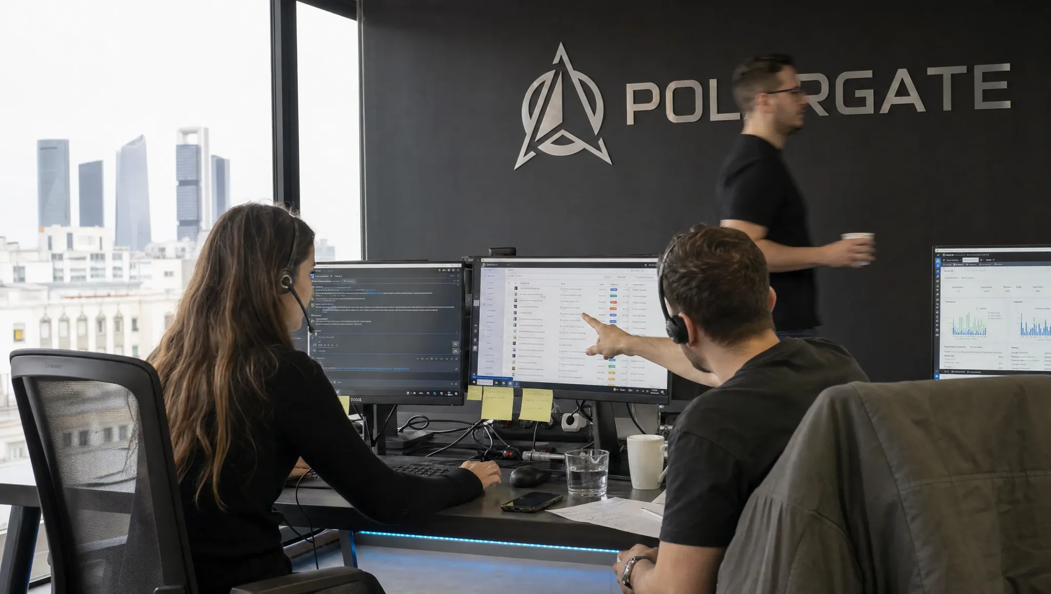 A support desk: two people on headsets with a ticket queue and a conversation open on screen.