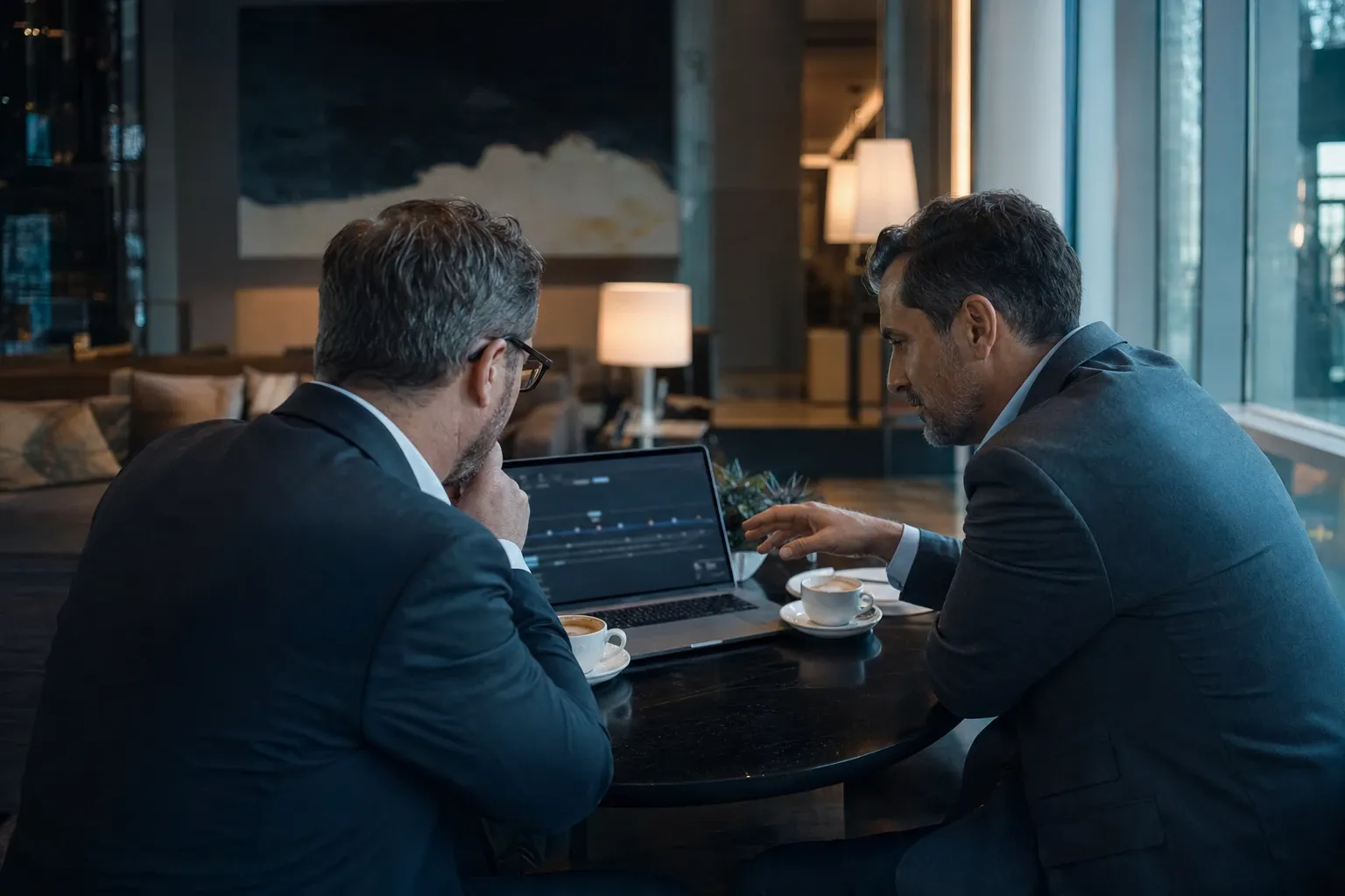 Two executives in suits share coffee at a round table in a dim lounge while one points at a timeline on a laptop screen