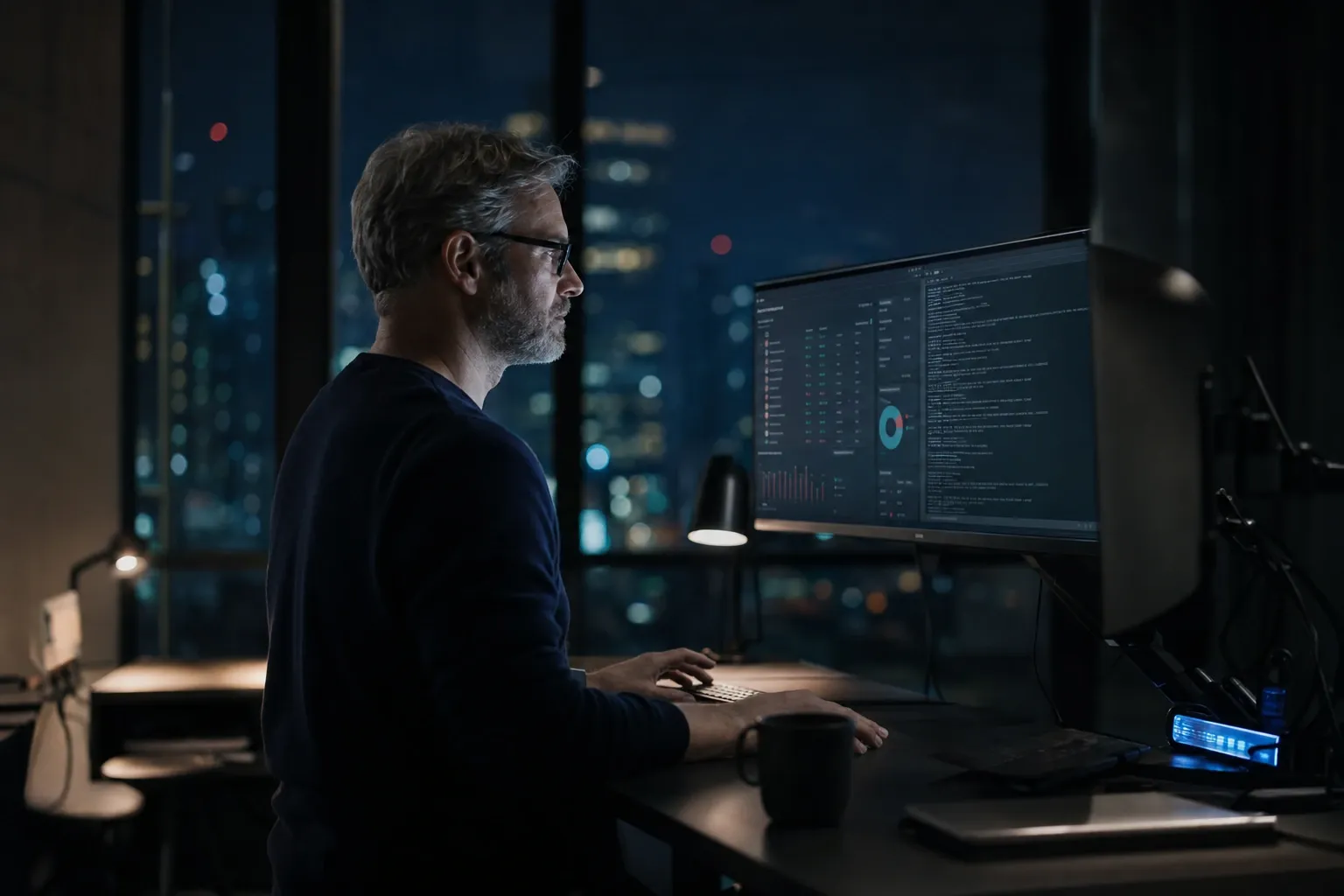 A man in glasses at a desk at night, facing a monitor with a data table, a ring chart and lines of code, the city lit up through the window behind him